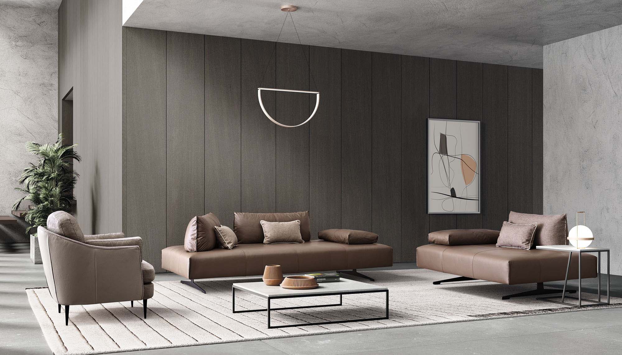 Divano moderno in pelle marrone con schienali traslabili e struttura esile