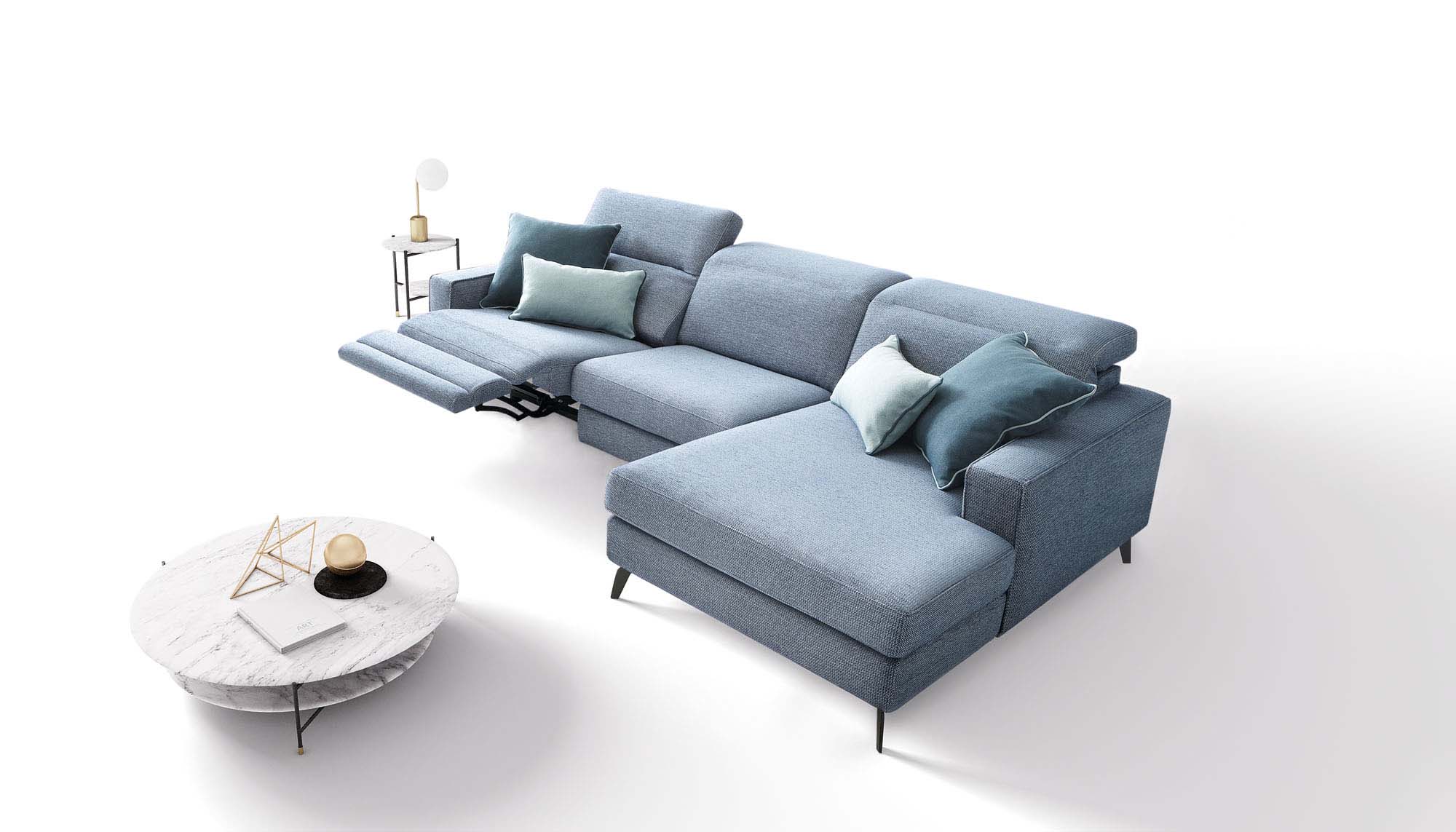 Divano moderno in tessuto con meccanismo relax e chaise longue