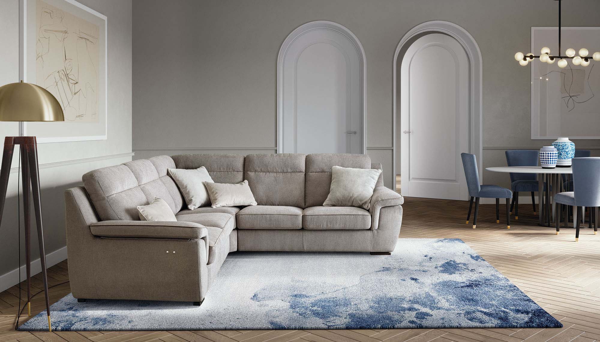 Diano angolare in tessuto beige con schienale alto