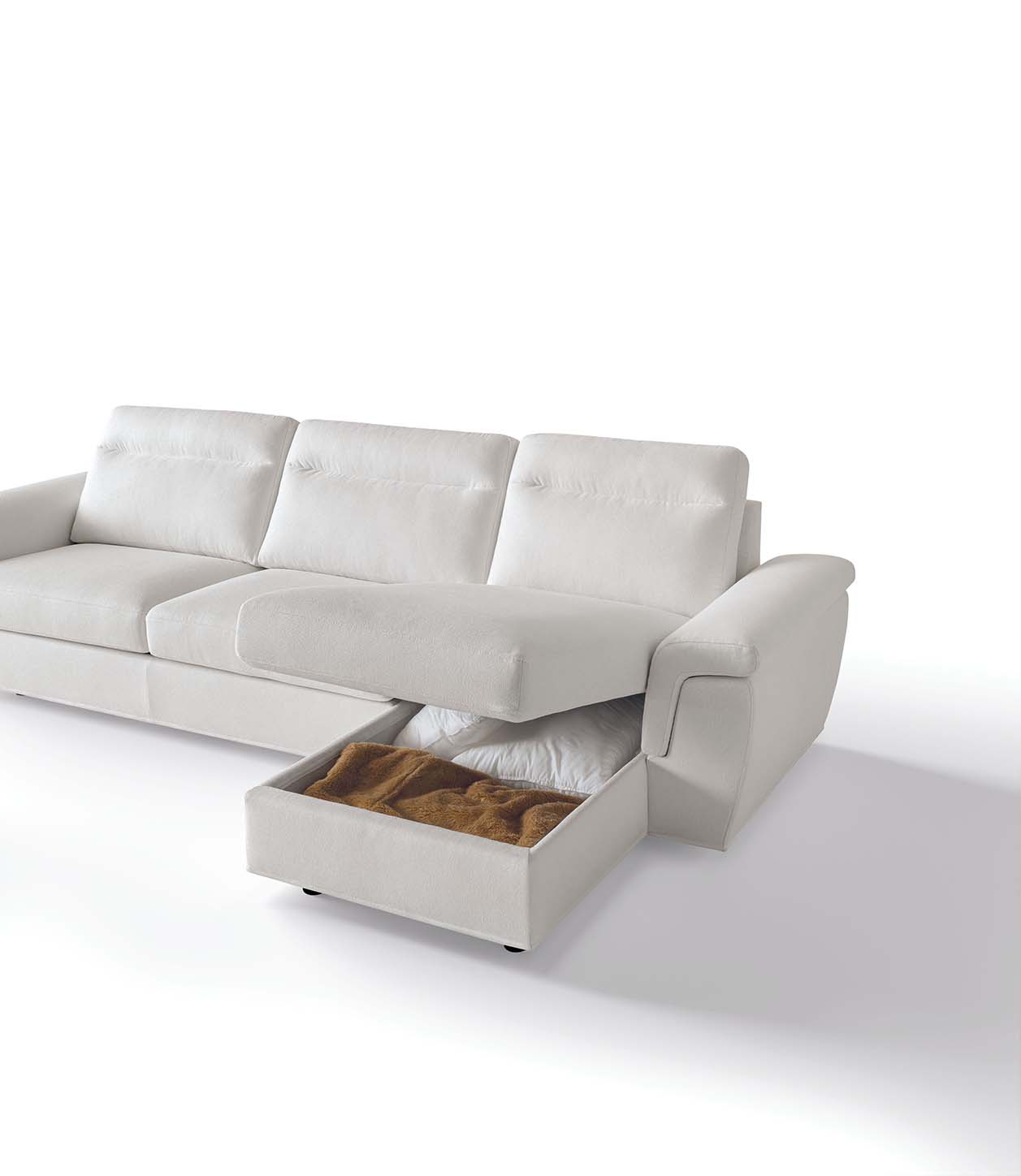 Divano imbottito bianco moderno con penisola contenitore. Schienali disponibili in altre versioni.