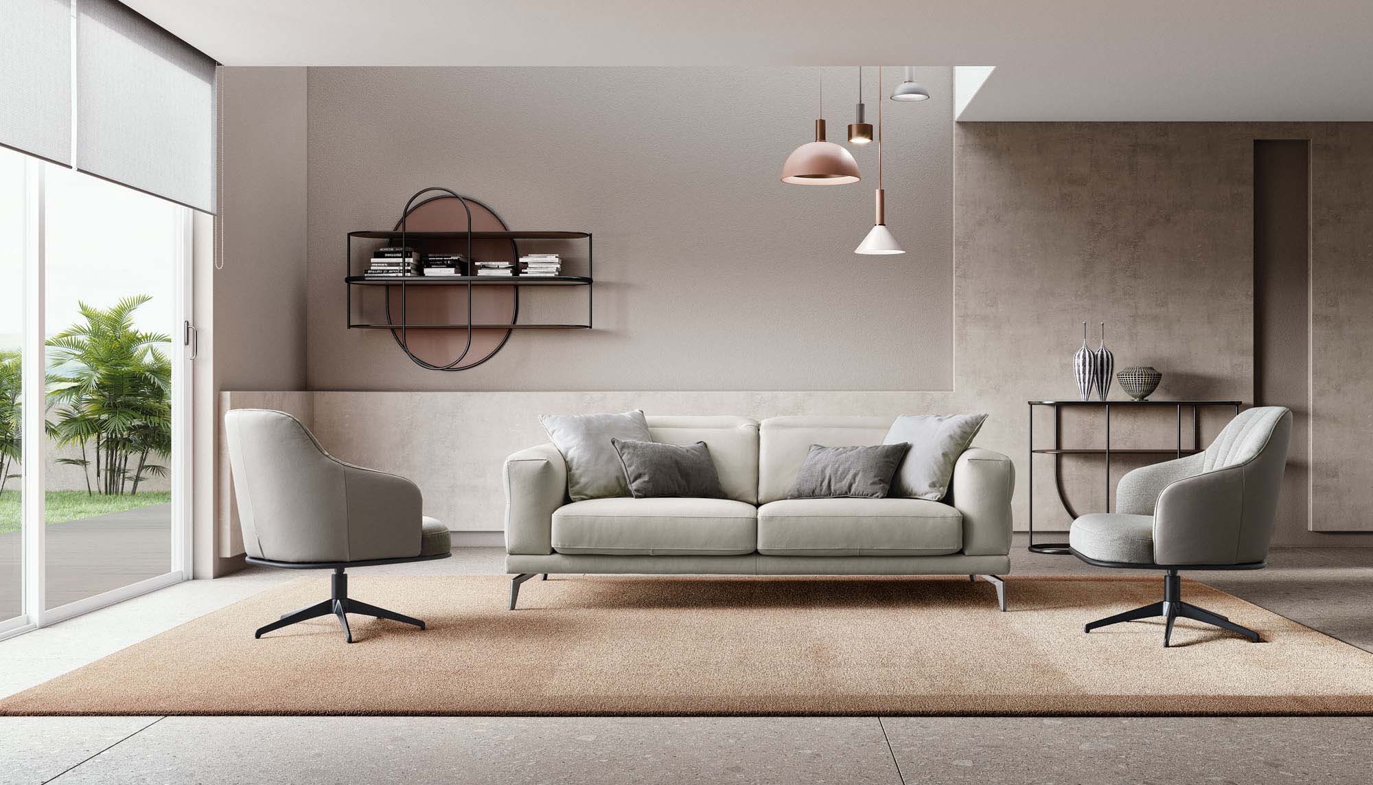 Divano lineare in pelle color panna con poggiatesta regolabili