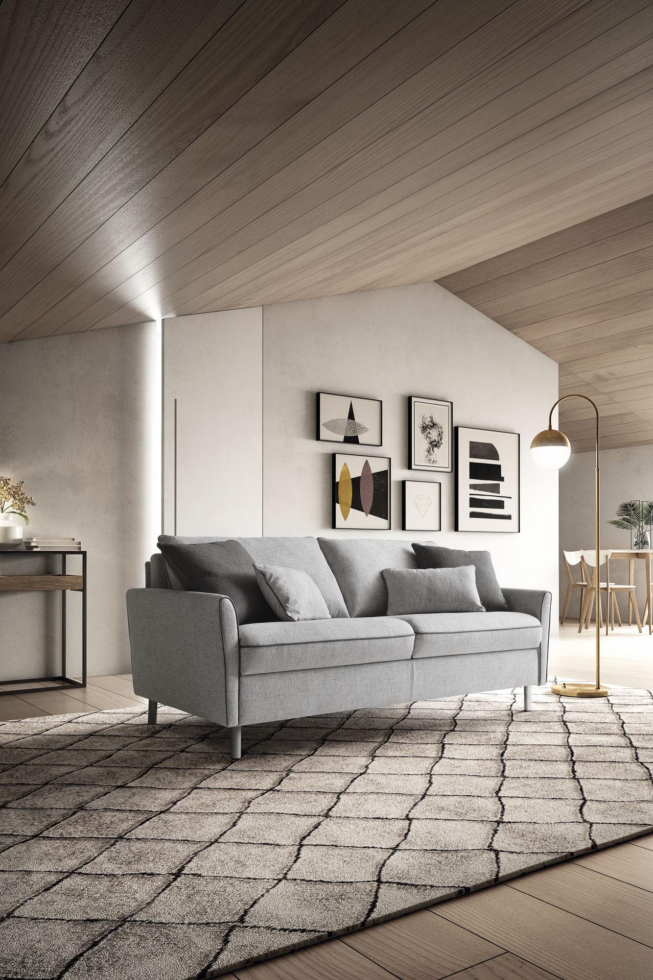 Divano letto elegante a due posti con piedini alti posto in soggiorno sopra un tappeto dalla texture moderna.