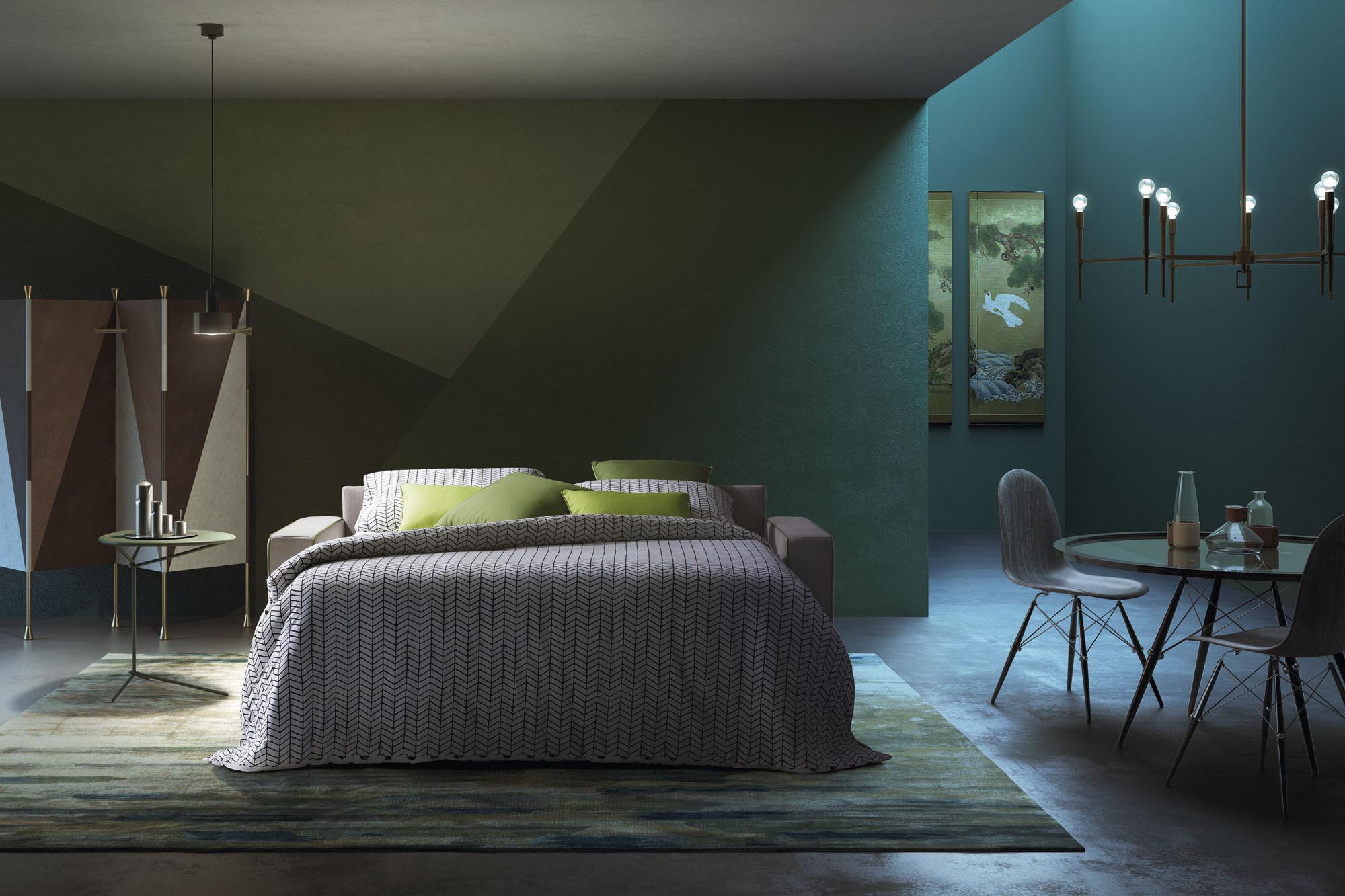 Divano trasformabile aperto con rete e materasso comodi, come in un letto
