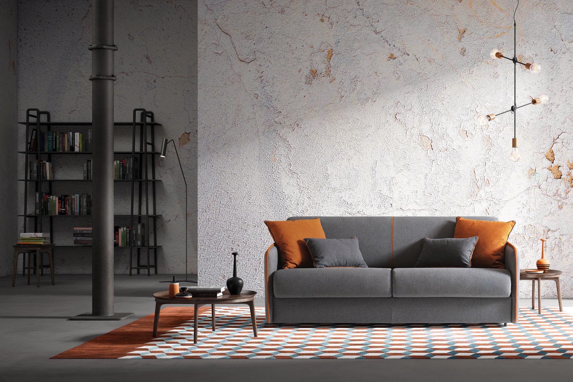 Soggiorno moderno arredato con divano letto colore grigio scuro con bordature arancioni a contrasto. Stile contemporaneo