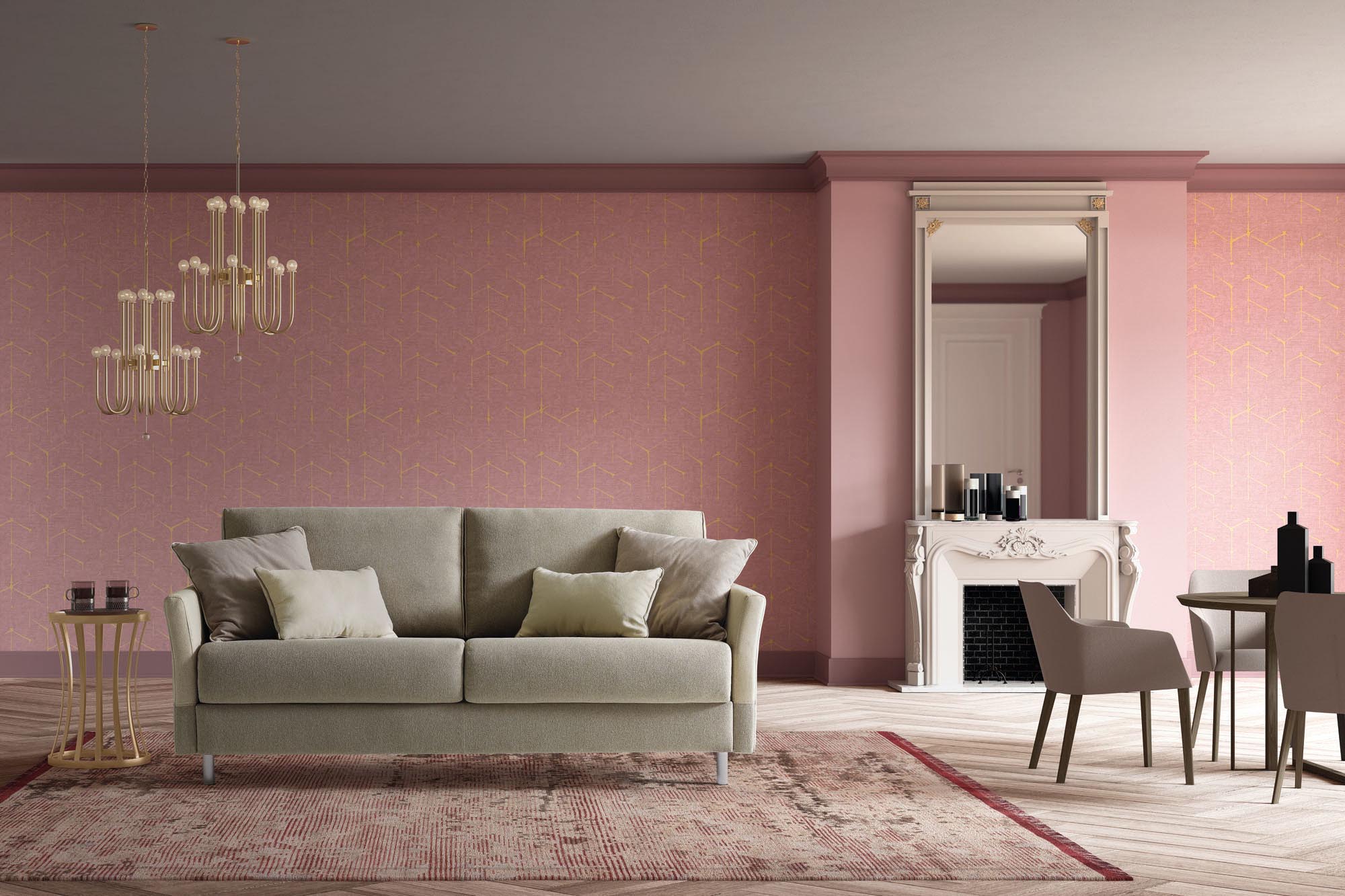Divano letto in tessuto sfoderabile colore sabbia con cuscini a contrasto. Stile classico adottato in un contesto classico.