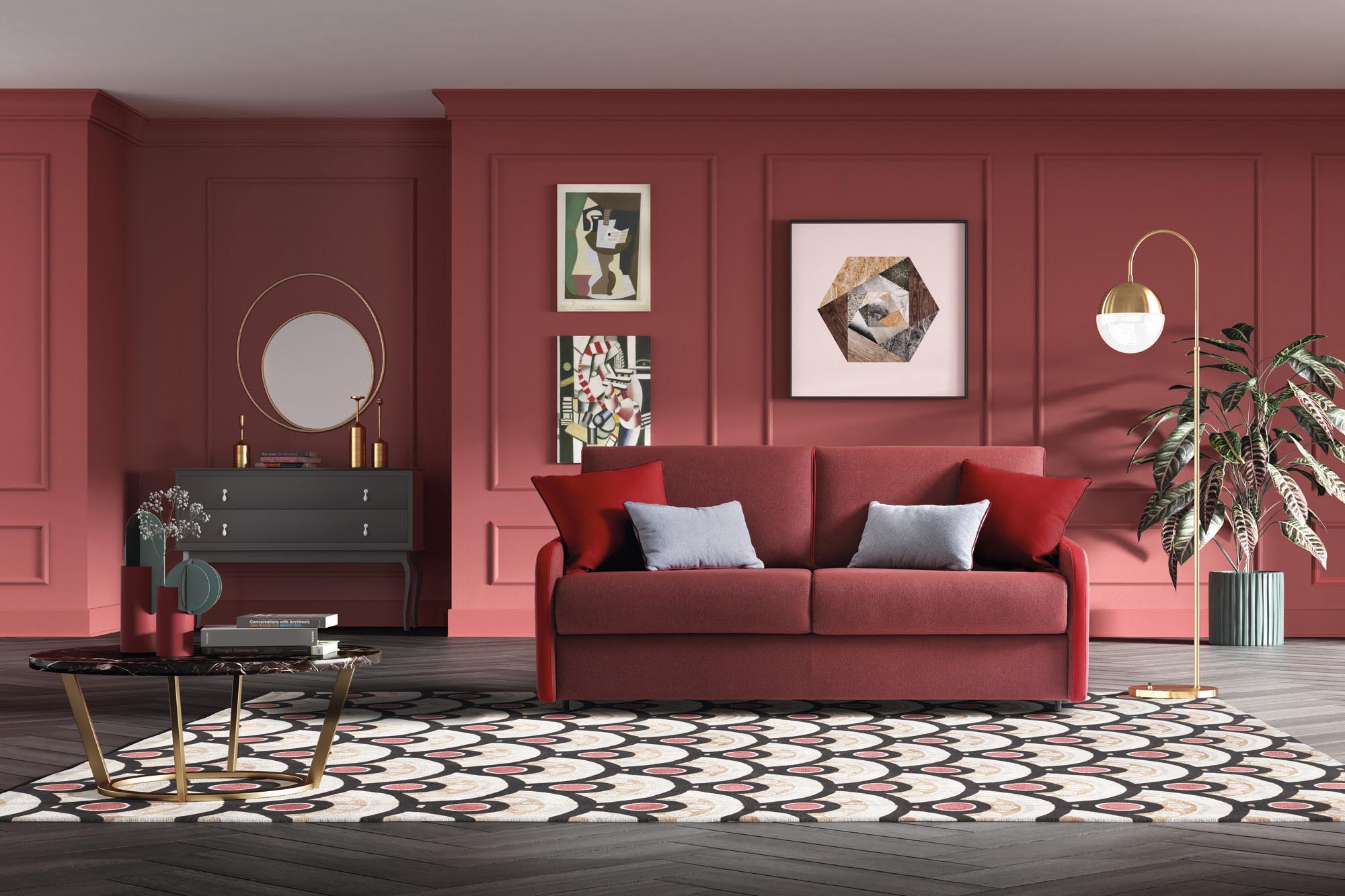 Divano letto rosso elegante con braccioli sottili in un soggiorno dallo stile classico