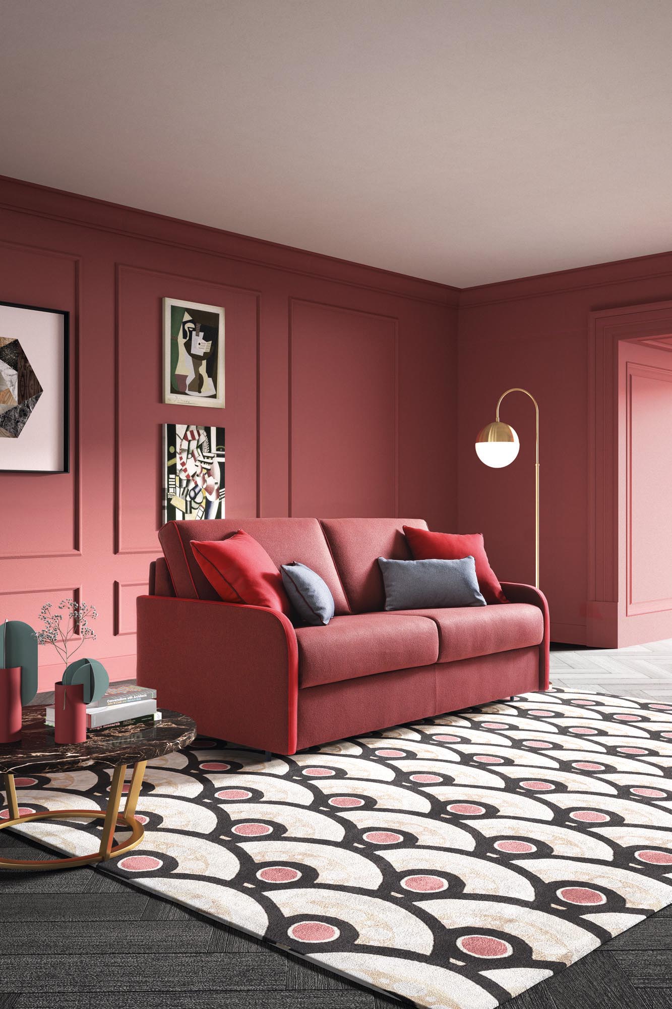 Soggiorno stile classico-moderno con divano a due posti che si può trasformare in letto.