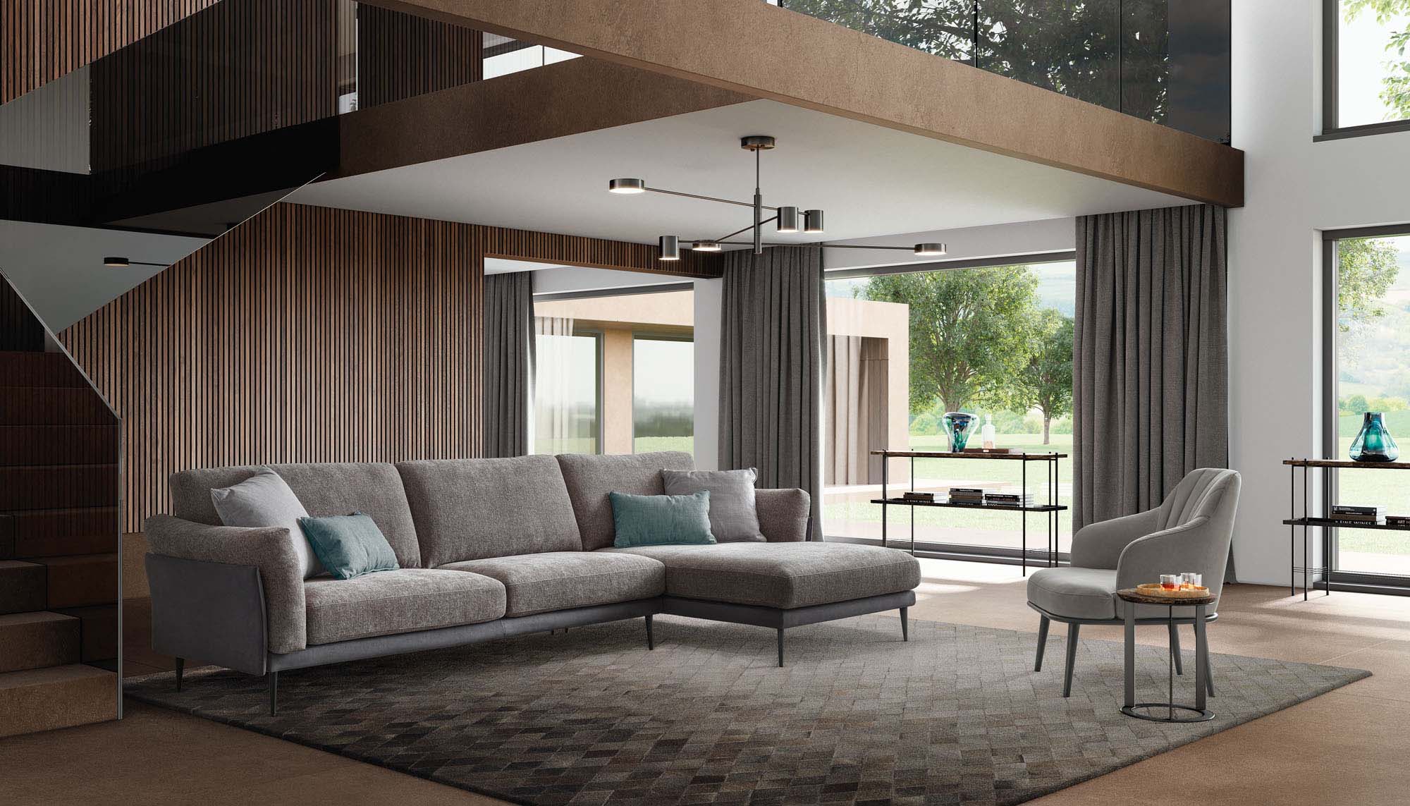 Casa moderna di lusso arredata con divano di design con piedini alti e struttura esile