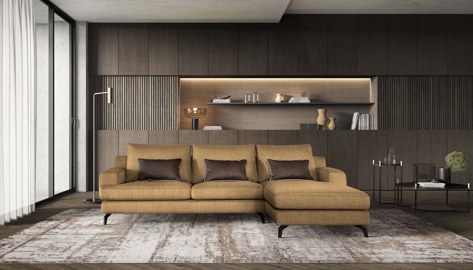 Soggiorno moderno arredato con divano color senape con piedini di design