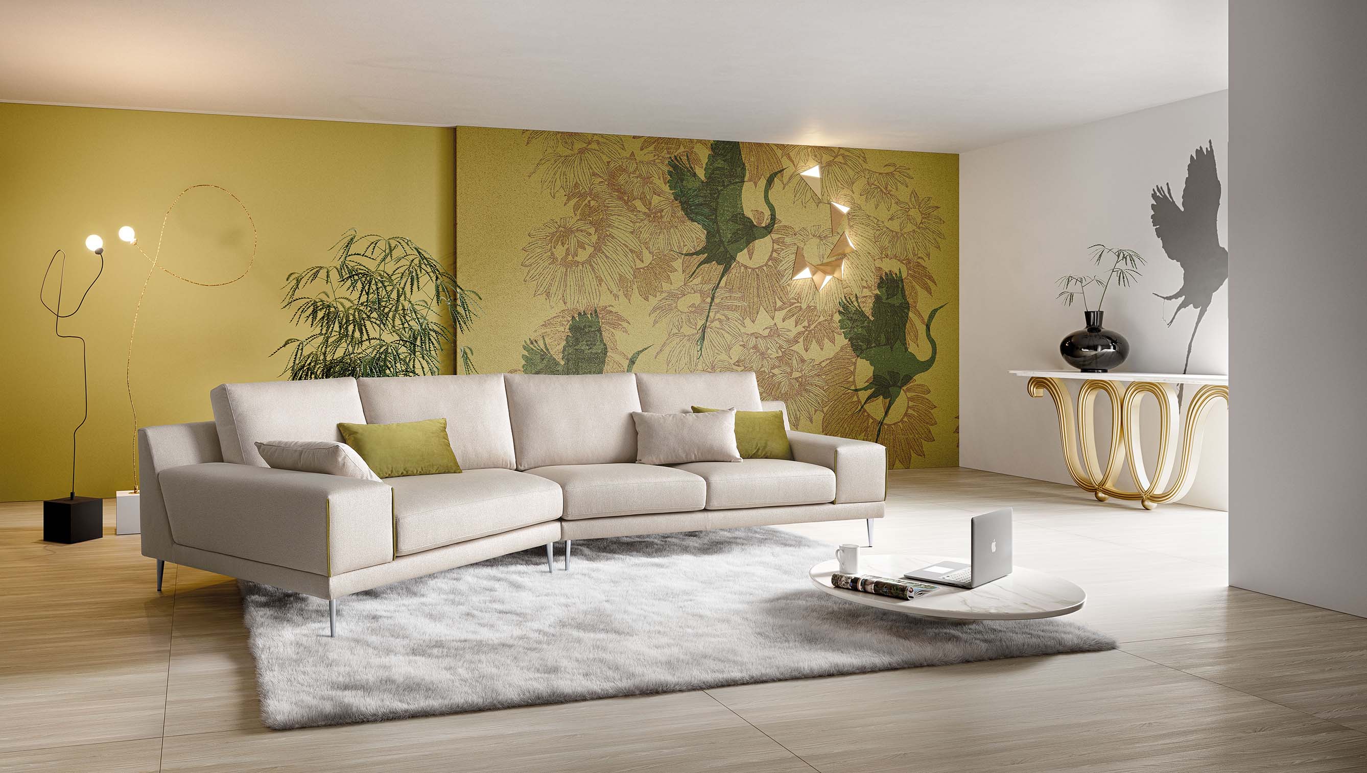 Soggiorno moderno arredato con un divano color panna adornato da bordino di colore verde oliva e cuscini dello stesso colore.