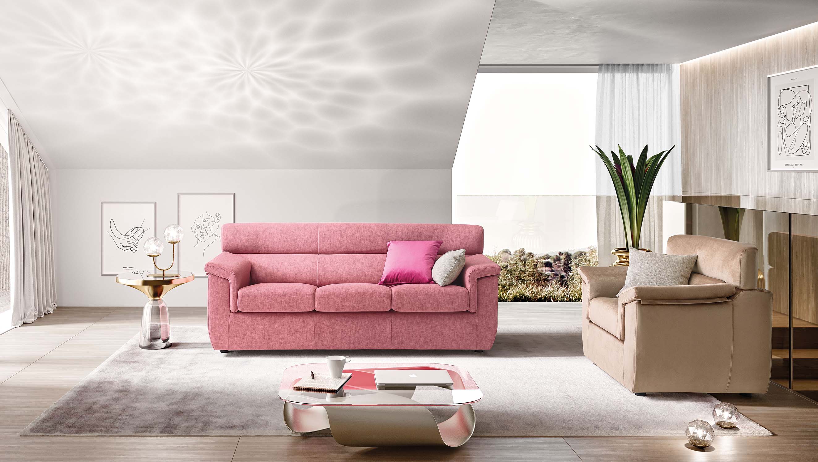Divano lineare rosa a tre posti compatto con schienale alto. Versione rosa e color marroncino.