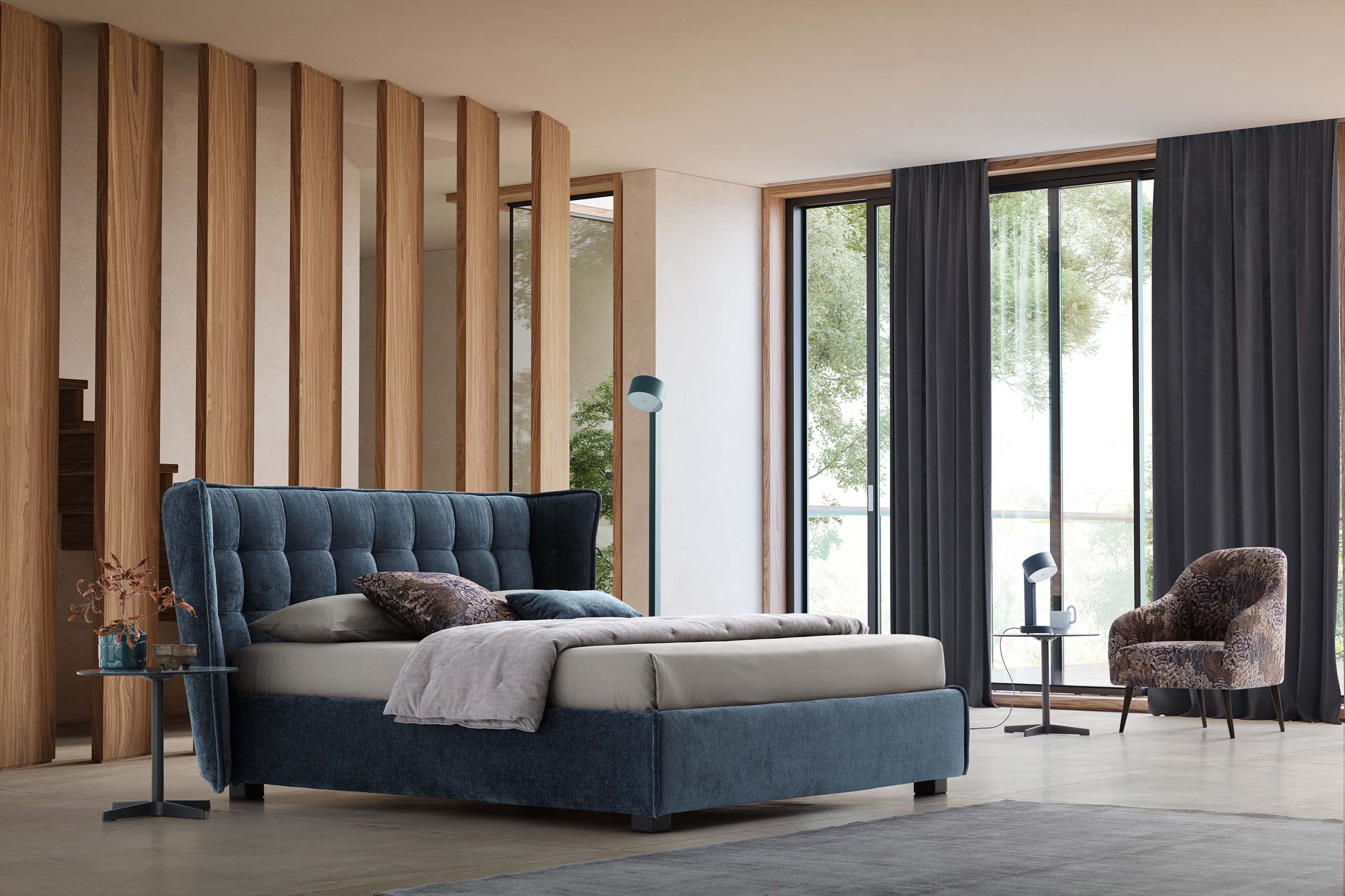 Camera da letto moderna arredata con letto Aspen matrimoniale blu notte con piedini bassi