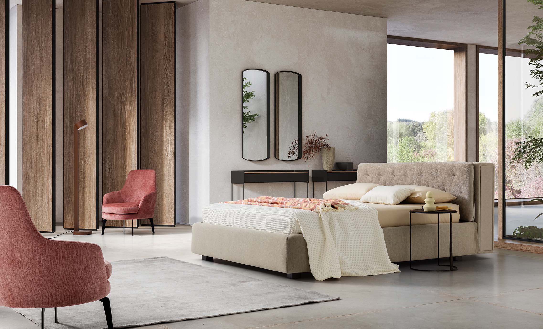 Stanza spaziosa e moderna arredata con letto moderno Donovan con piedini bassi e giroletto ampio