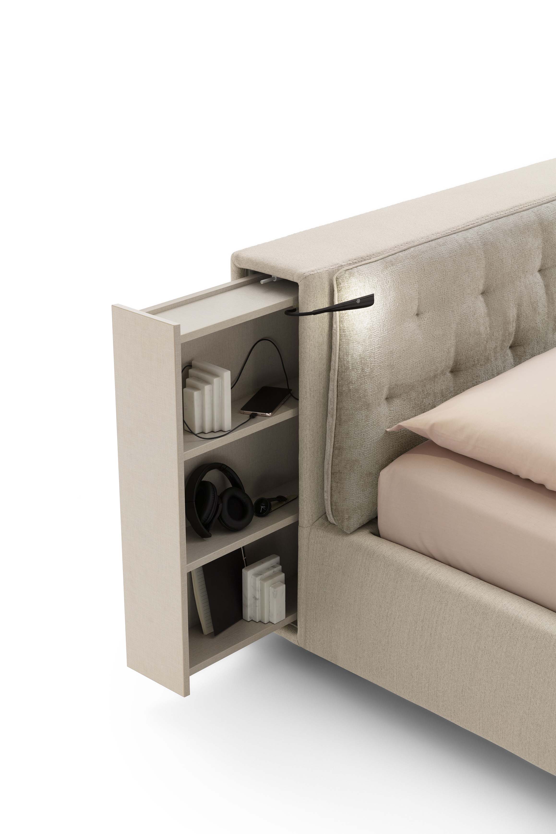 Letto con testiera con libreria, luci e contenitori estraibili