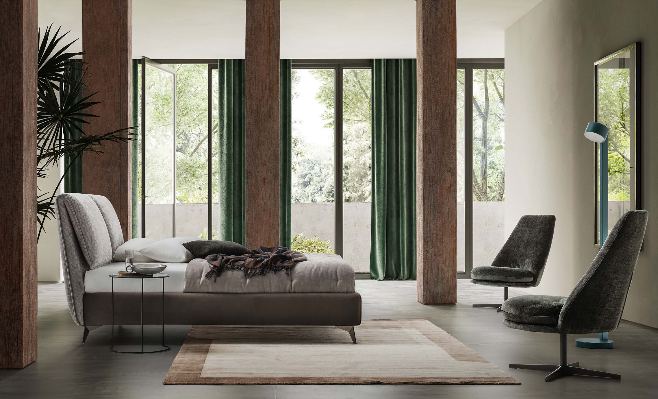 Stanza moderna arredata con letto Fold con piedini medio-alti di color grigio