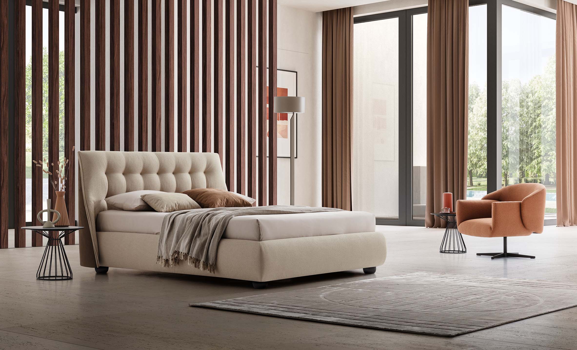 Stanza moderna con letto matrimoniale in stile classico con trapuntatura capitonné