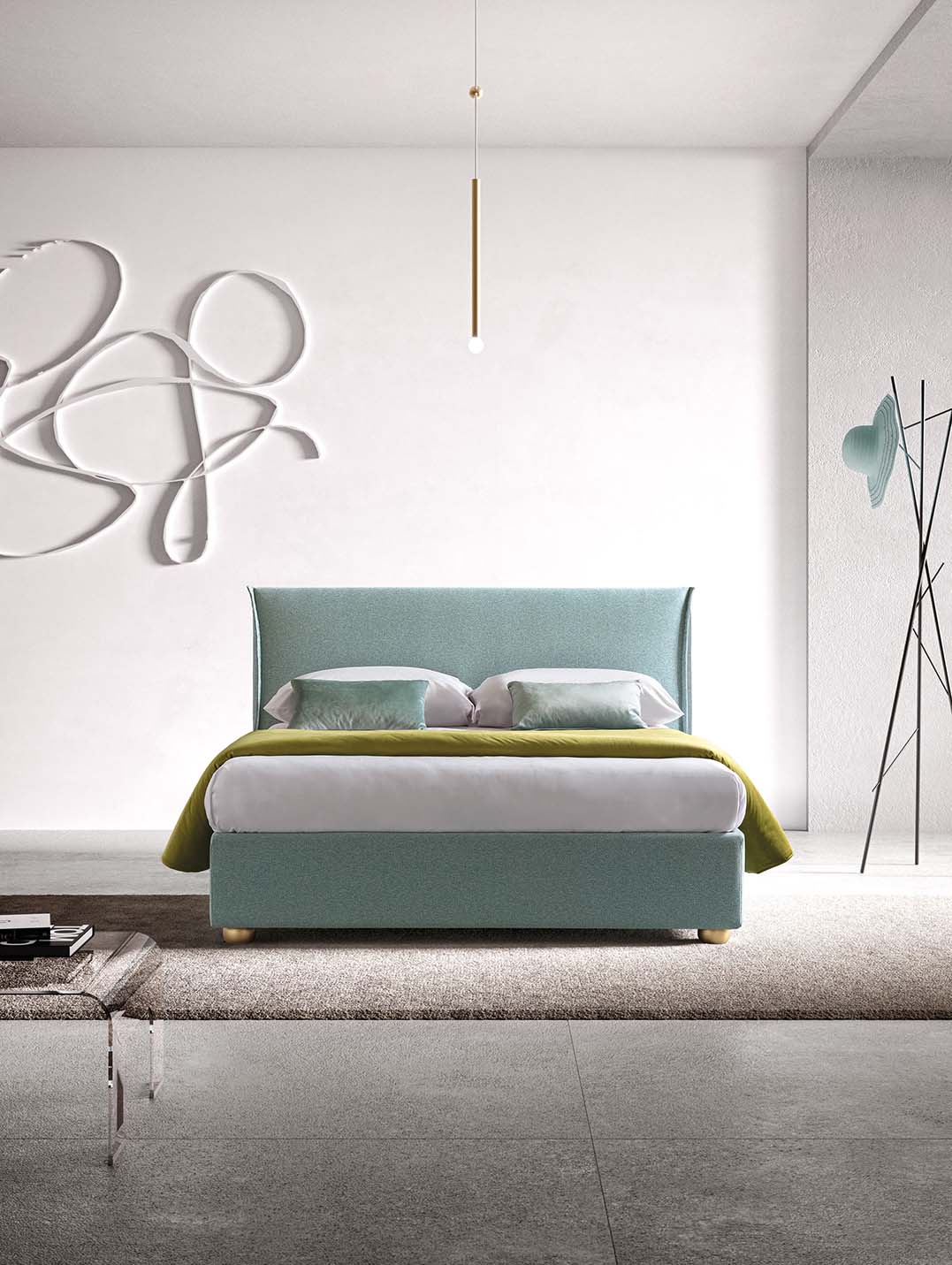 Letto matrimoniale salvaspazio in stile moderno e minimal. Senza trapuntature e con piedini bassi.