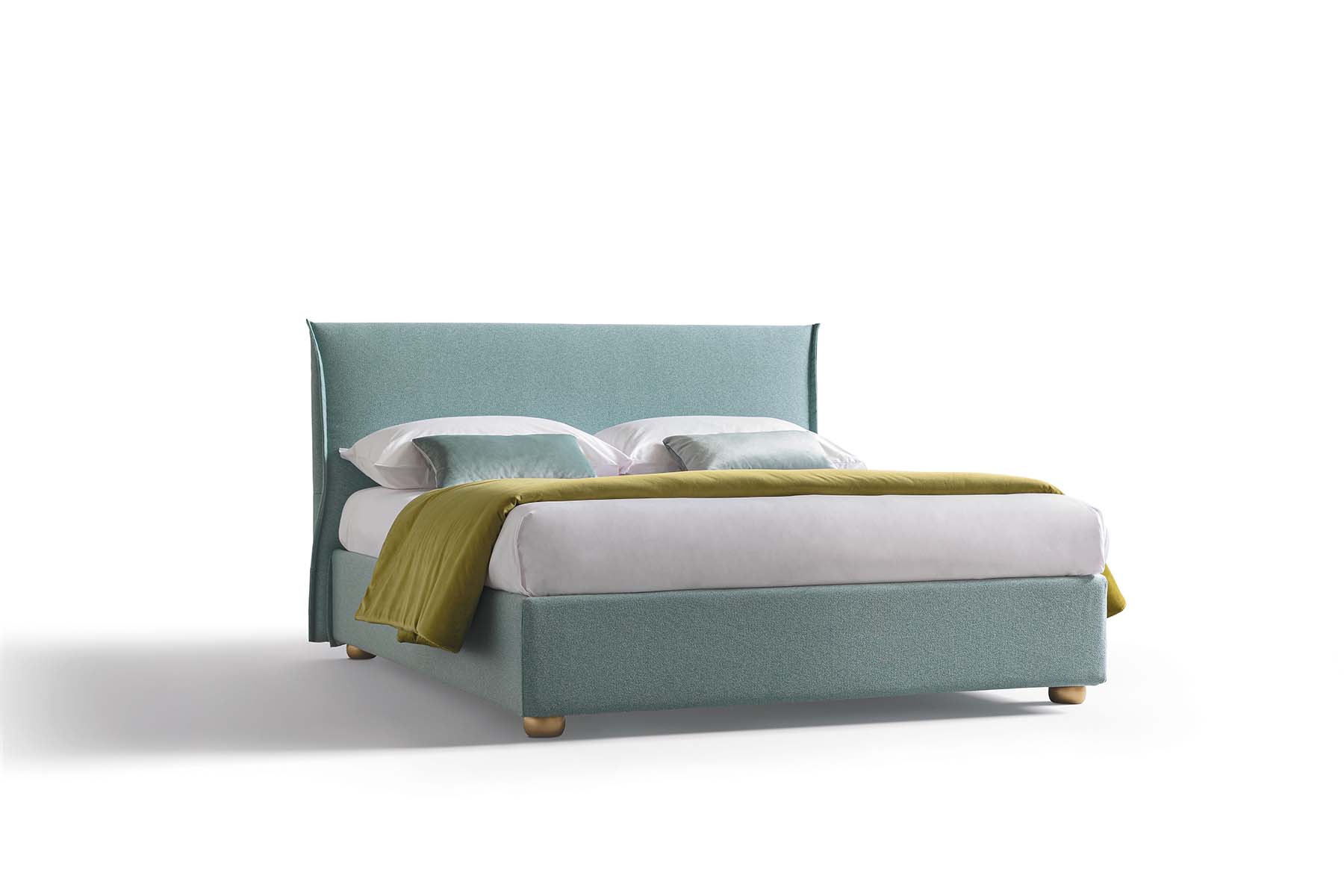 Letto Hesperis con rivestimento colore verde acqua pastello e testiera imbottita liscia