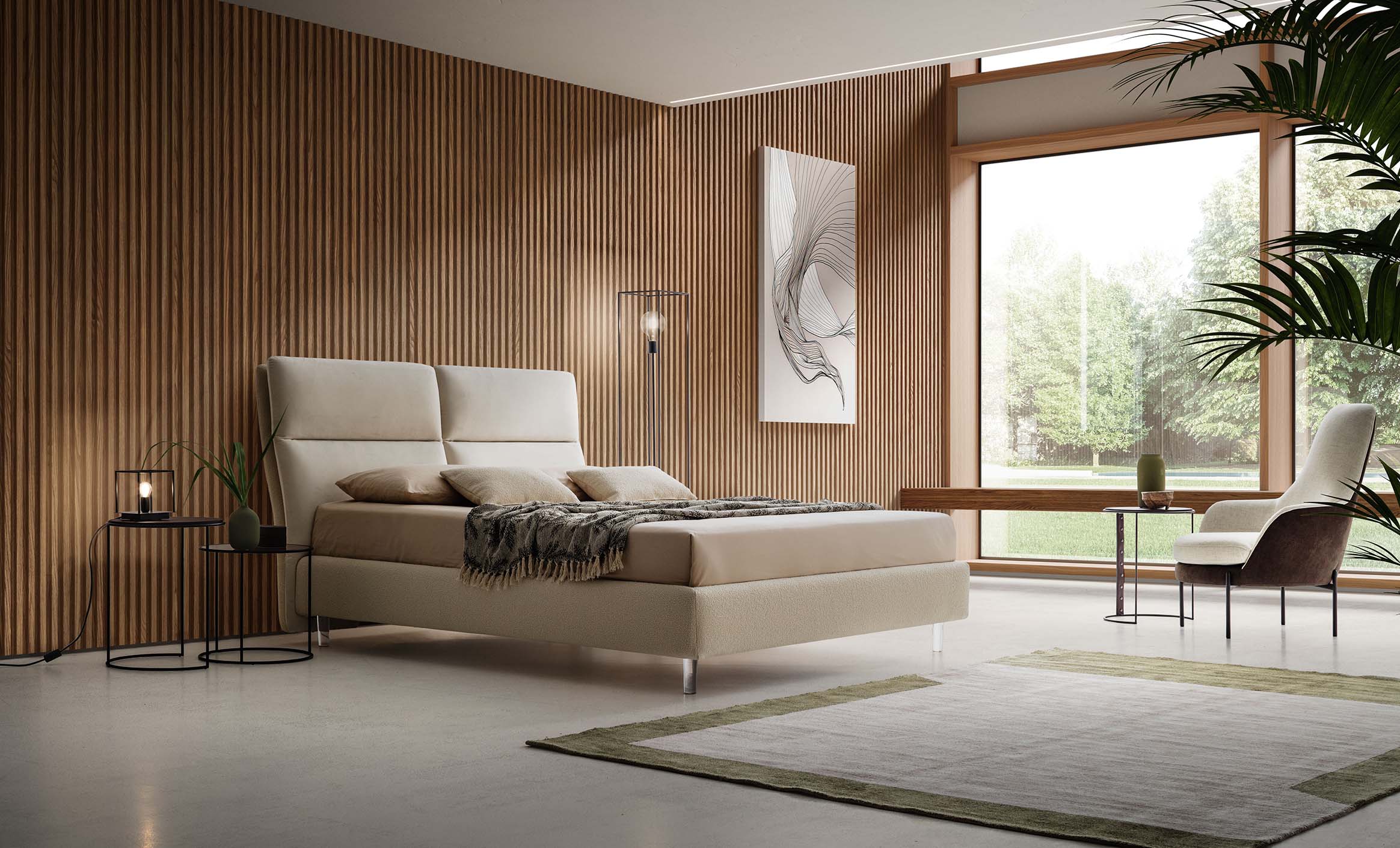 Stanta moderna con parete in legno arredata con letto con testiera alta e piedini alti trasparenti