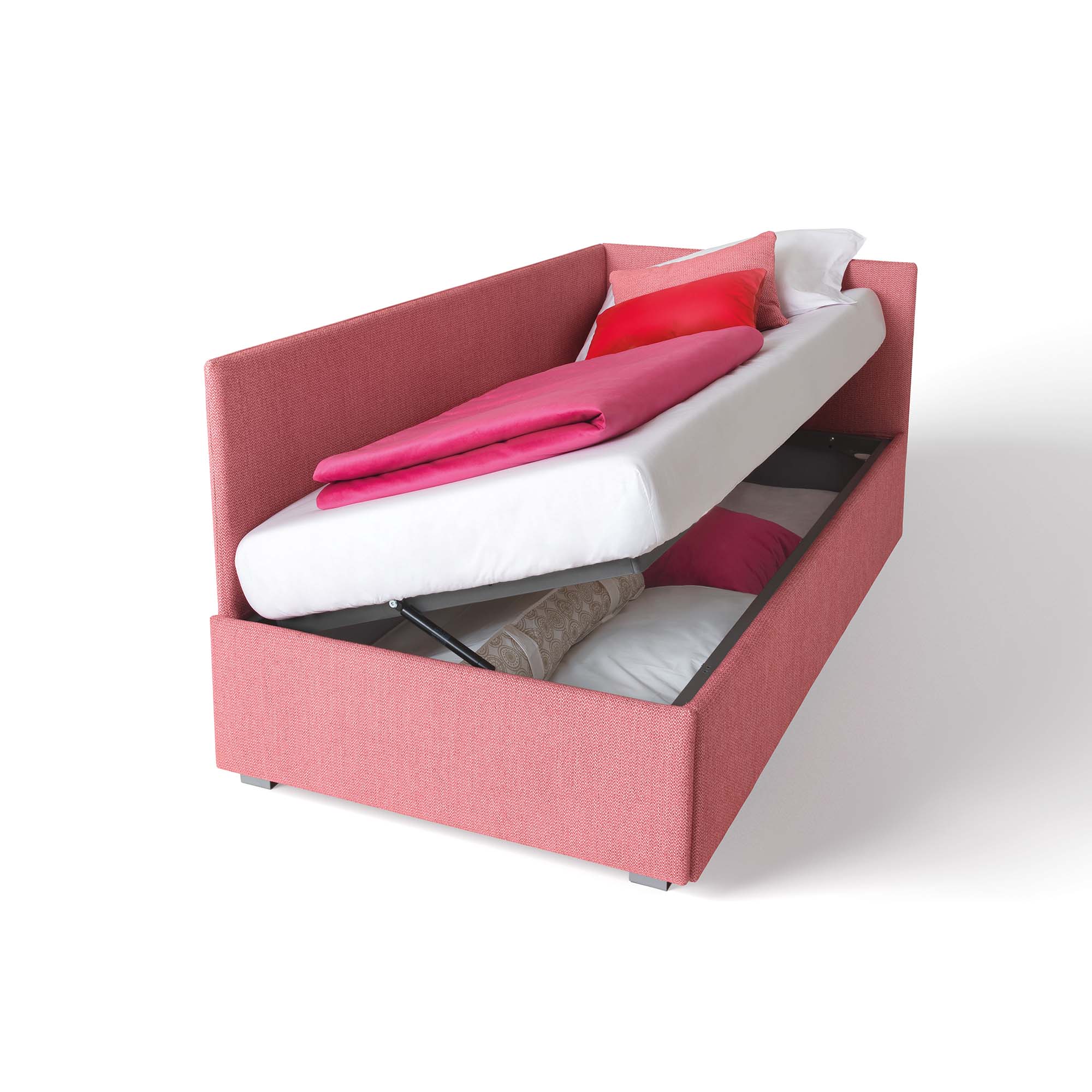 Lettino Pentas con contenitore accessibile sollevando la rete del letto.