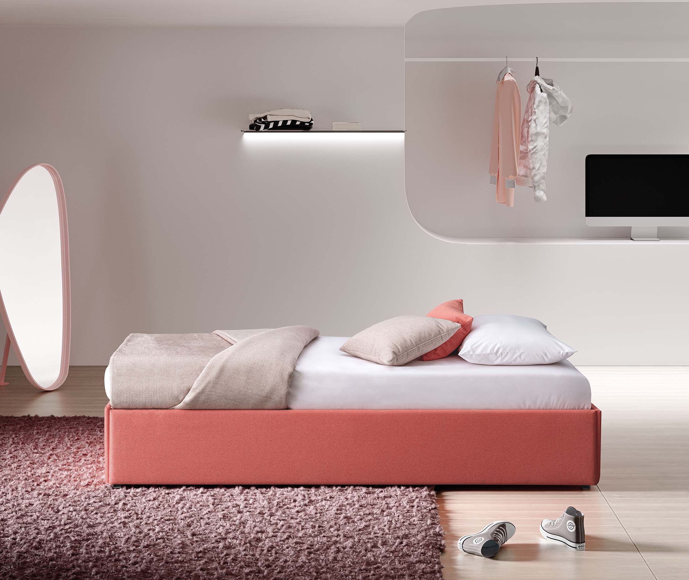 Camera da letto singola moderna arredata con un letto singolo senza testiera né pediera