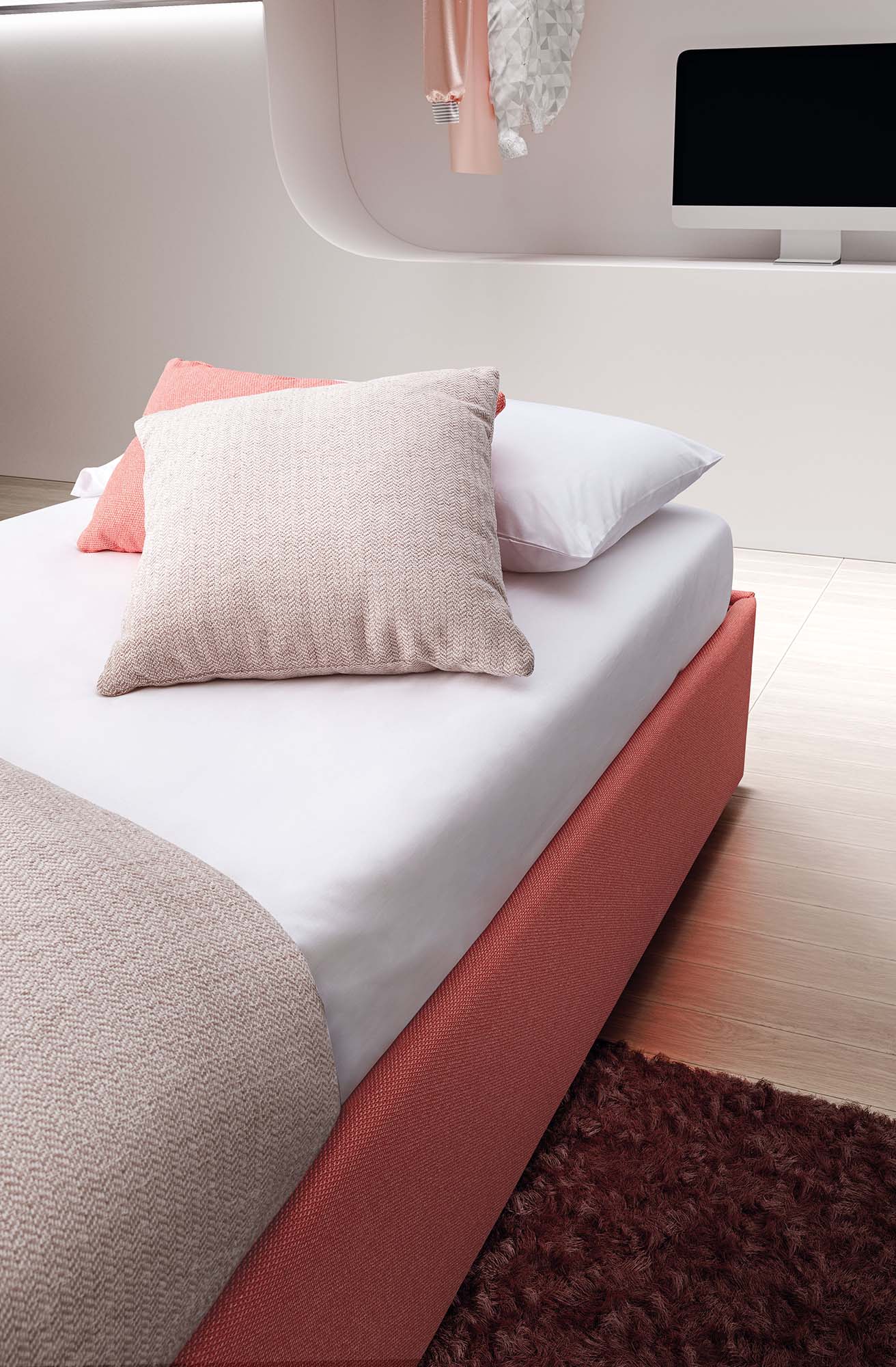 Dettaglio del materasso di un letto singolo dal minimo ingombro