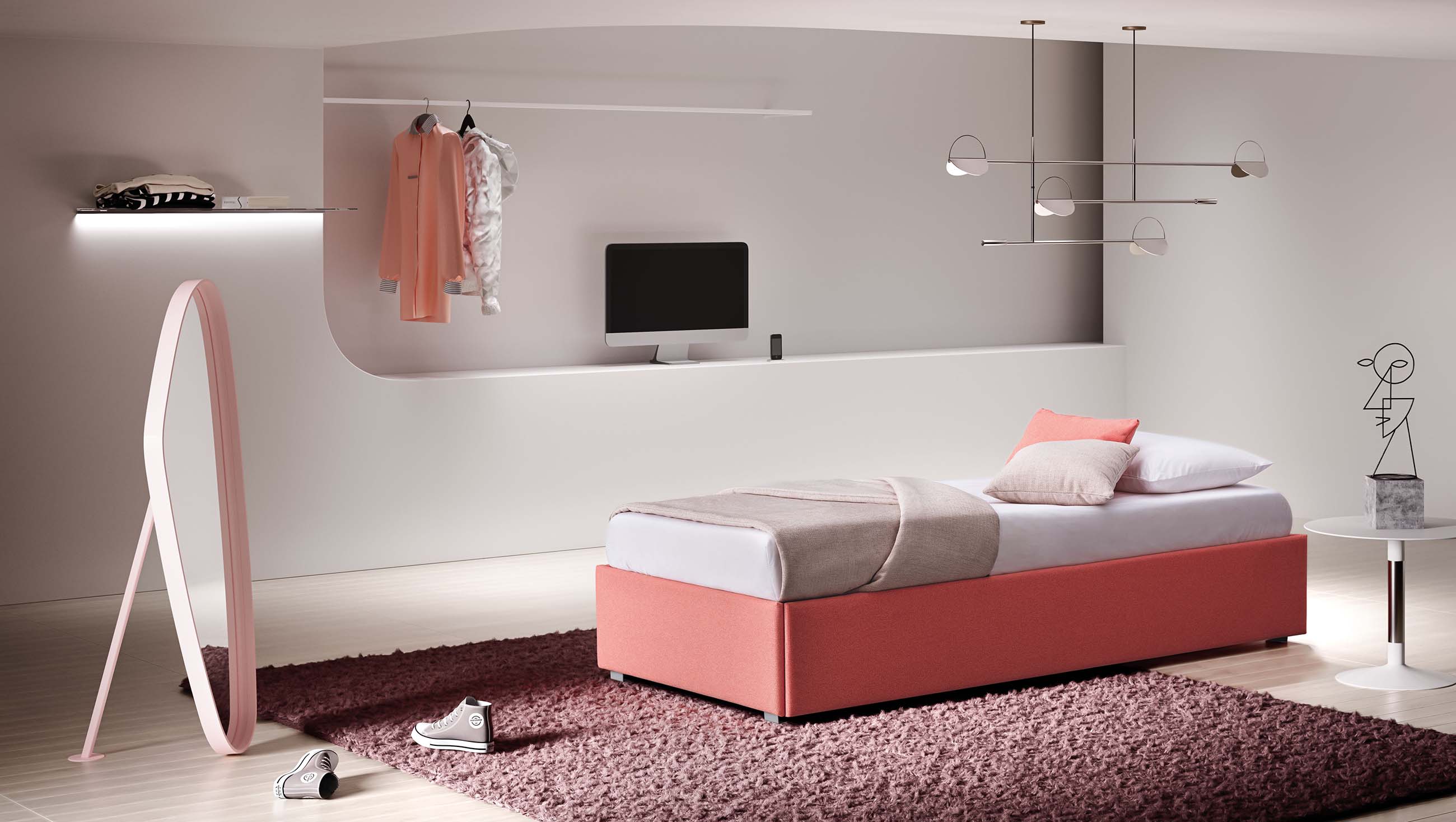 Daybed singolo, senza testiera e senza schienale. Rivestimento in colore rosa corallo