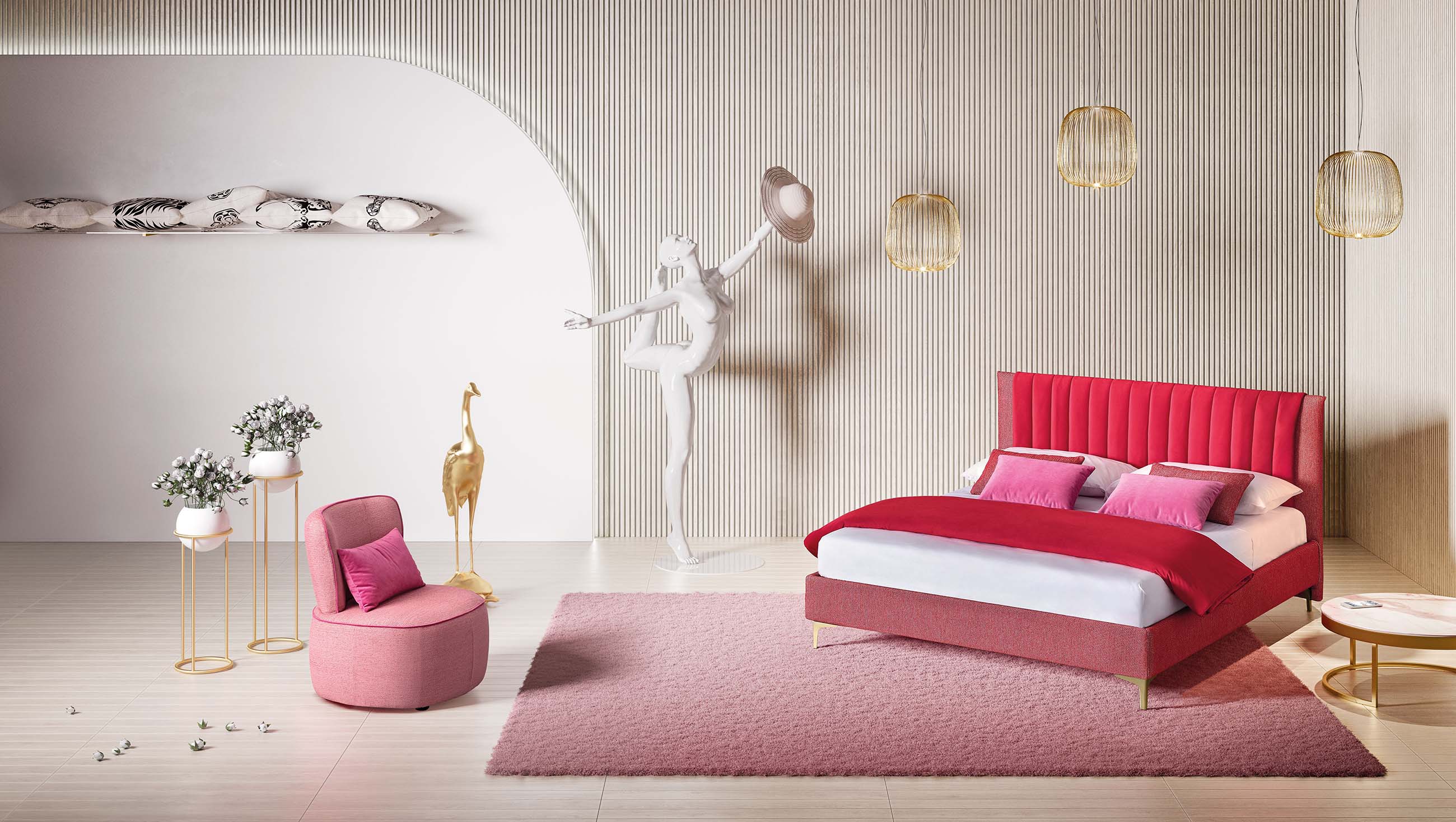 Letto con testiera trapuntata elegante in una stanza da letto moderna