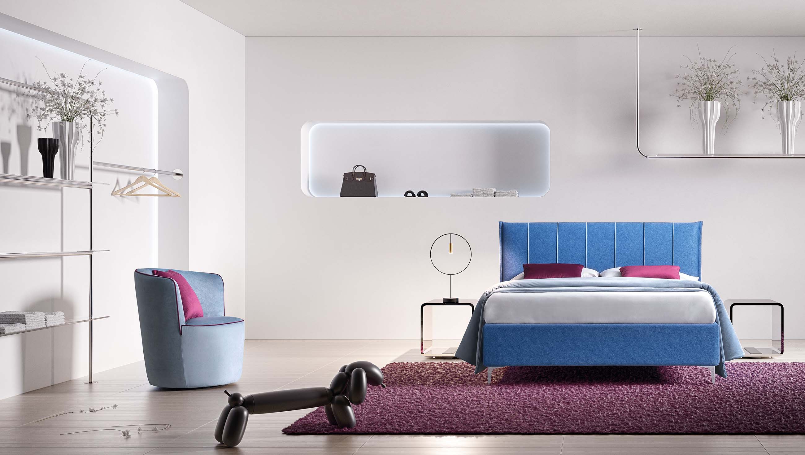 Stanza moderna arredata con letto matrimoniale di tessuto blu con cuciture verticali eleganti