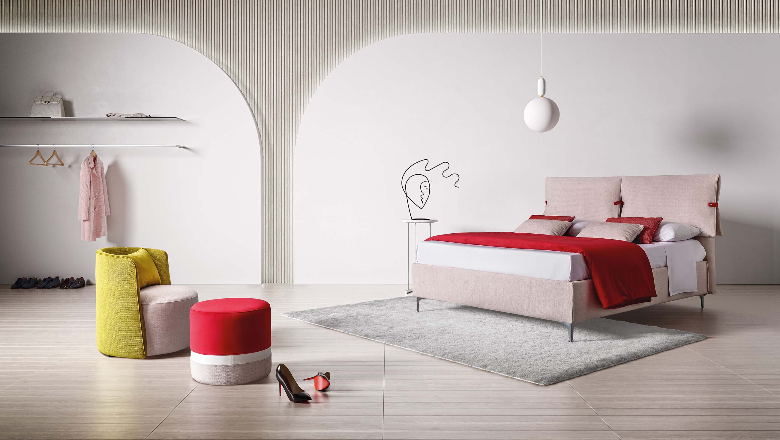 Letto salvaspazio con testiera composta da cuscini grandi color rosa cipria fissati con dettagli rossi