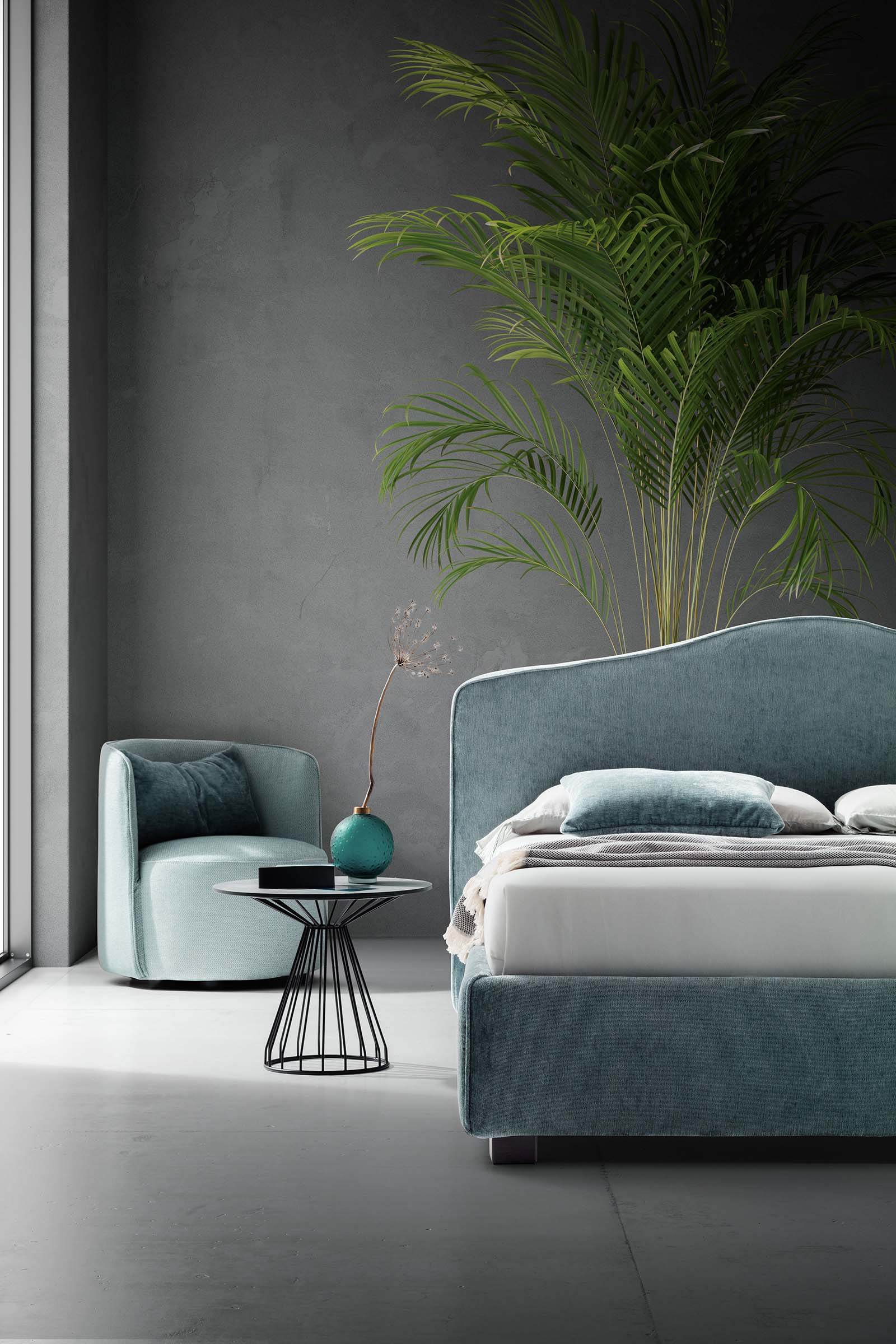 Stanza colore grigio arredata con letto azzurro classico con piedini bassi