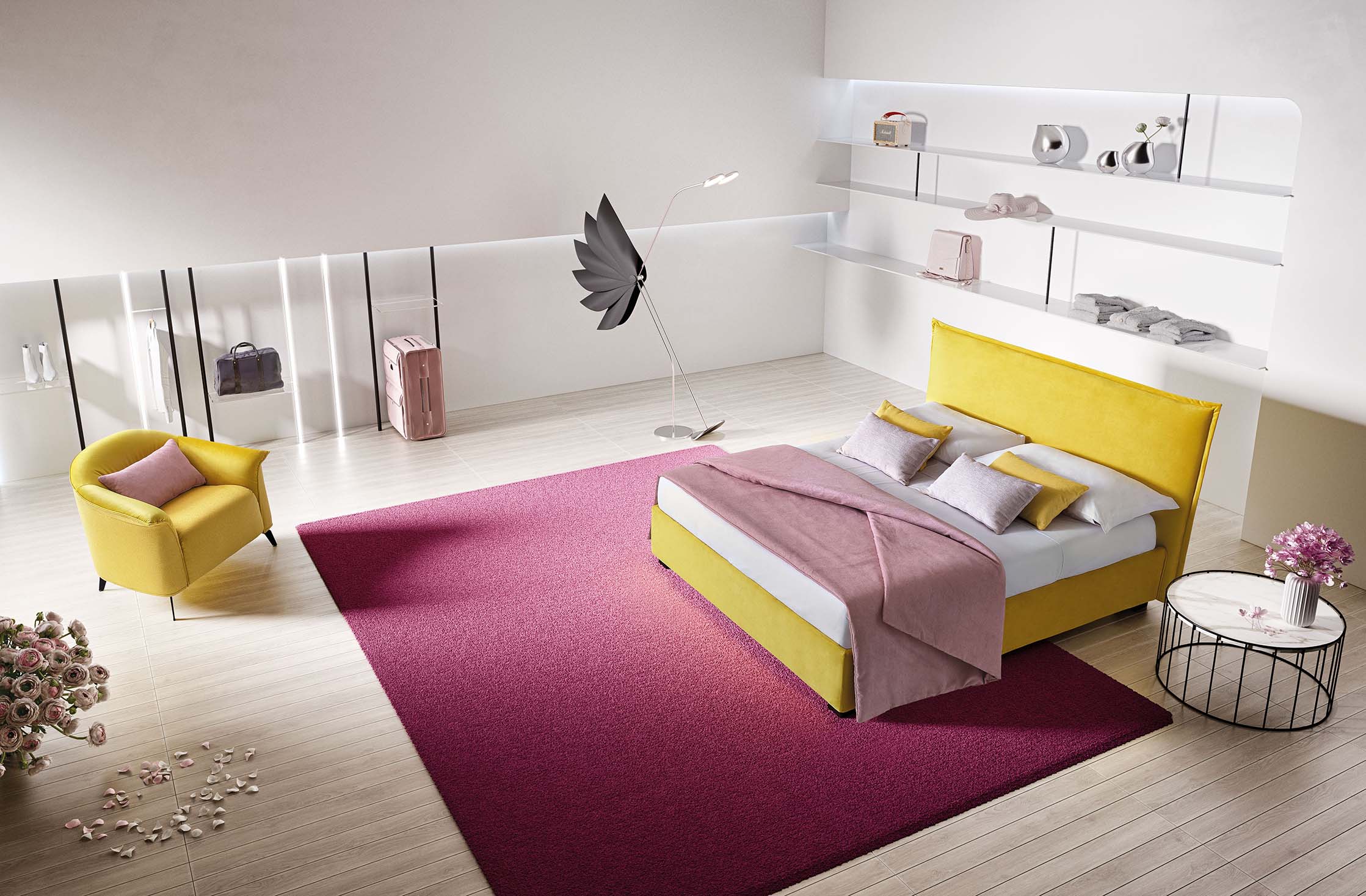 Letto imbottito matrimoniale color giallo dalle linee semplici