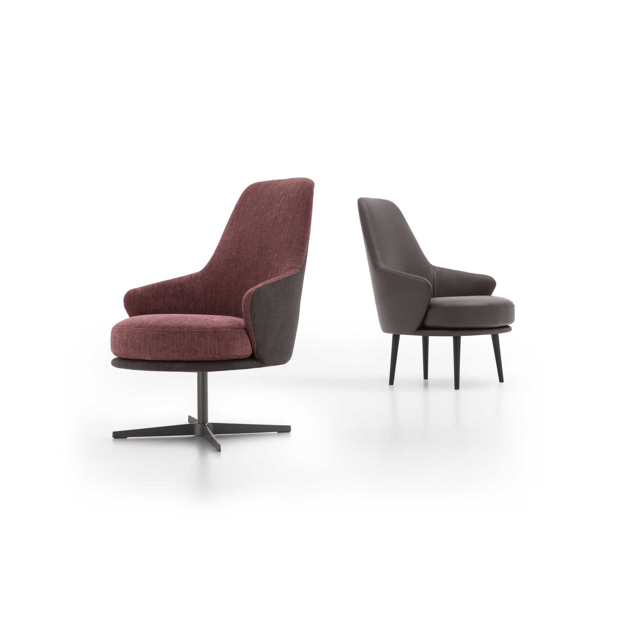 Poltroncina in versione fissa o girevole di due colori: bordeaux e grigio scuro