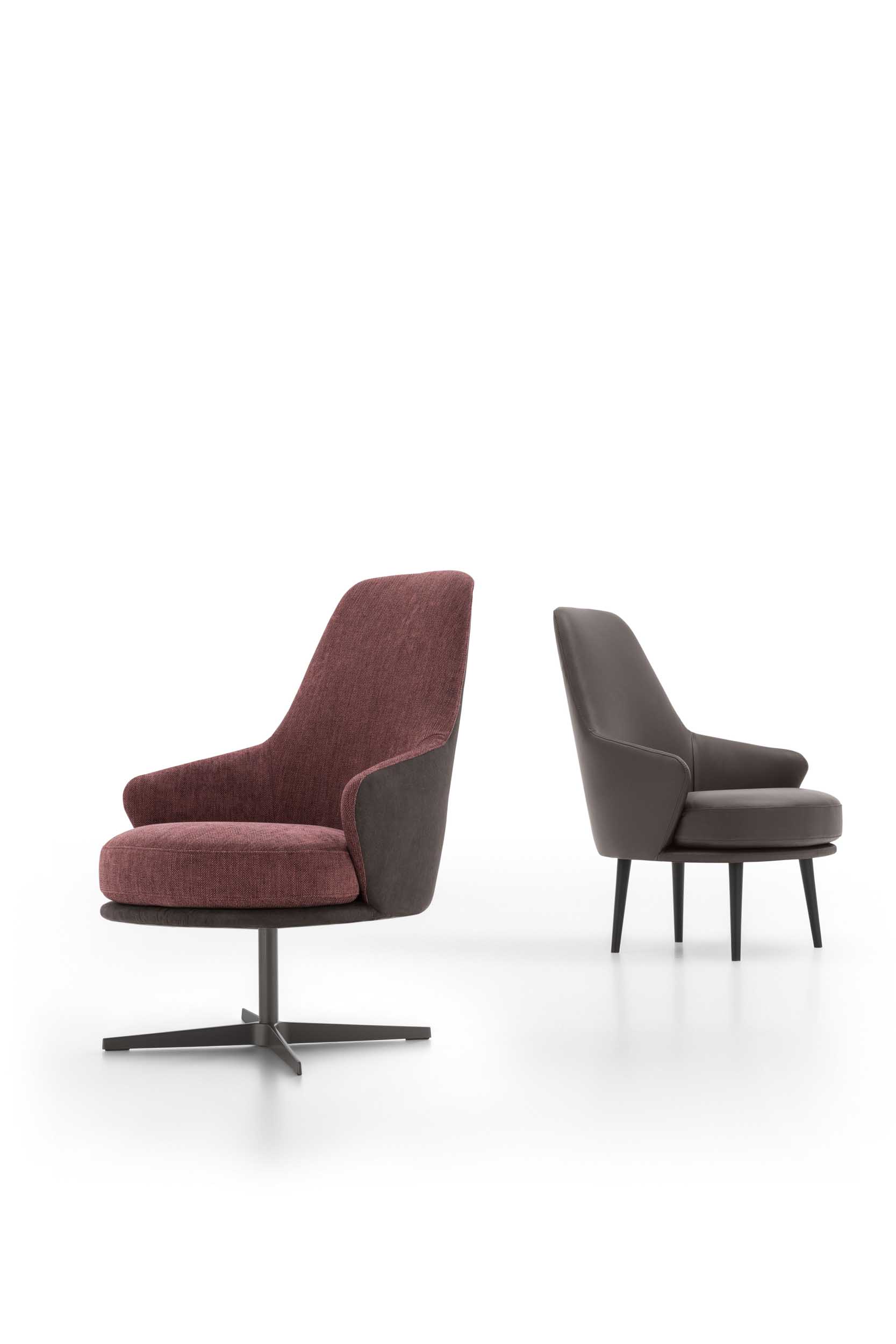 Poltroncina in versione fissa o girevole di due colori: bordeaux e grigio scuro