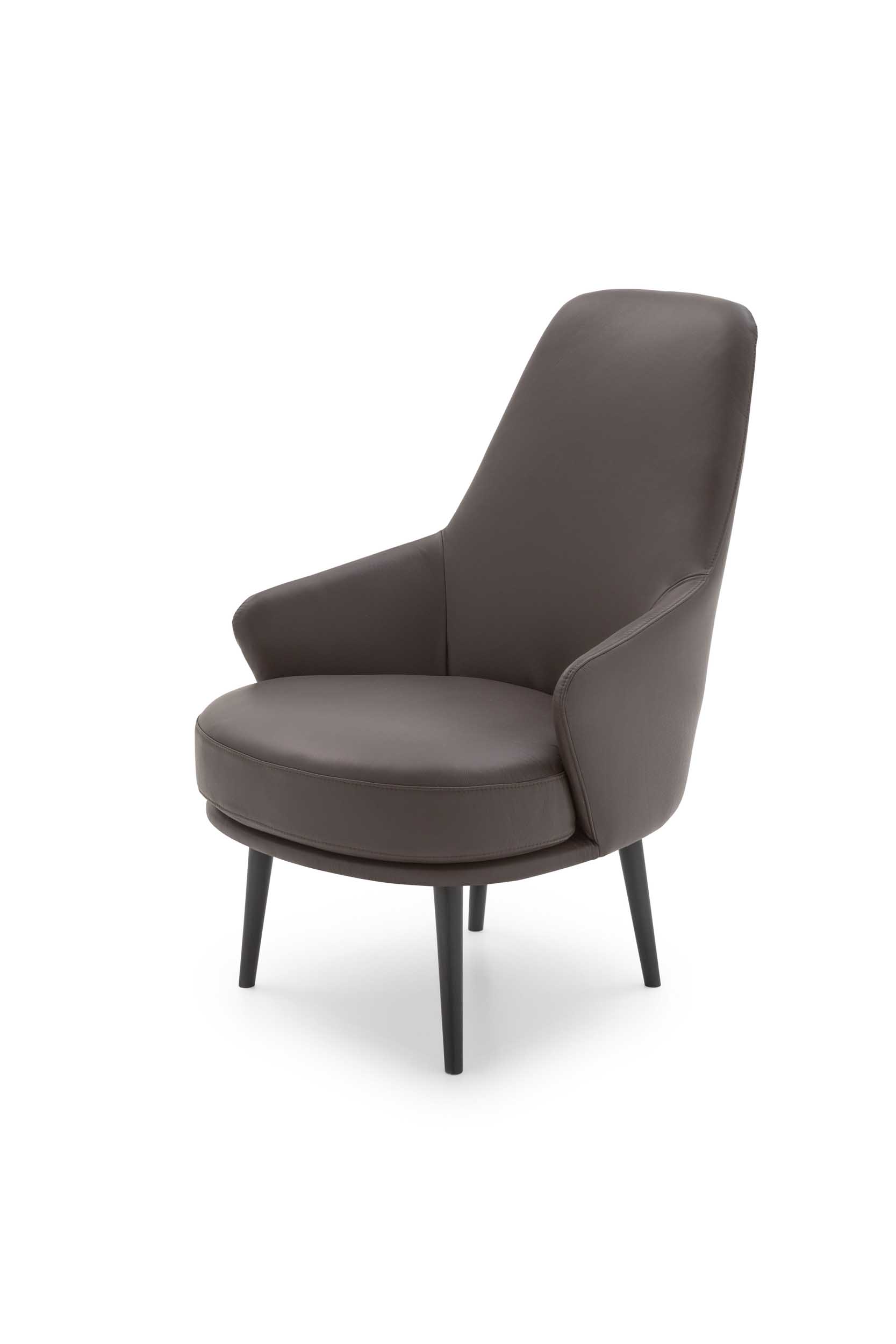 Poltroncina in pelle grigio scuro con schienale alto e braccioli