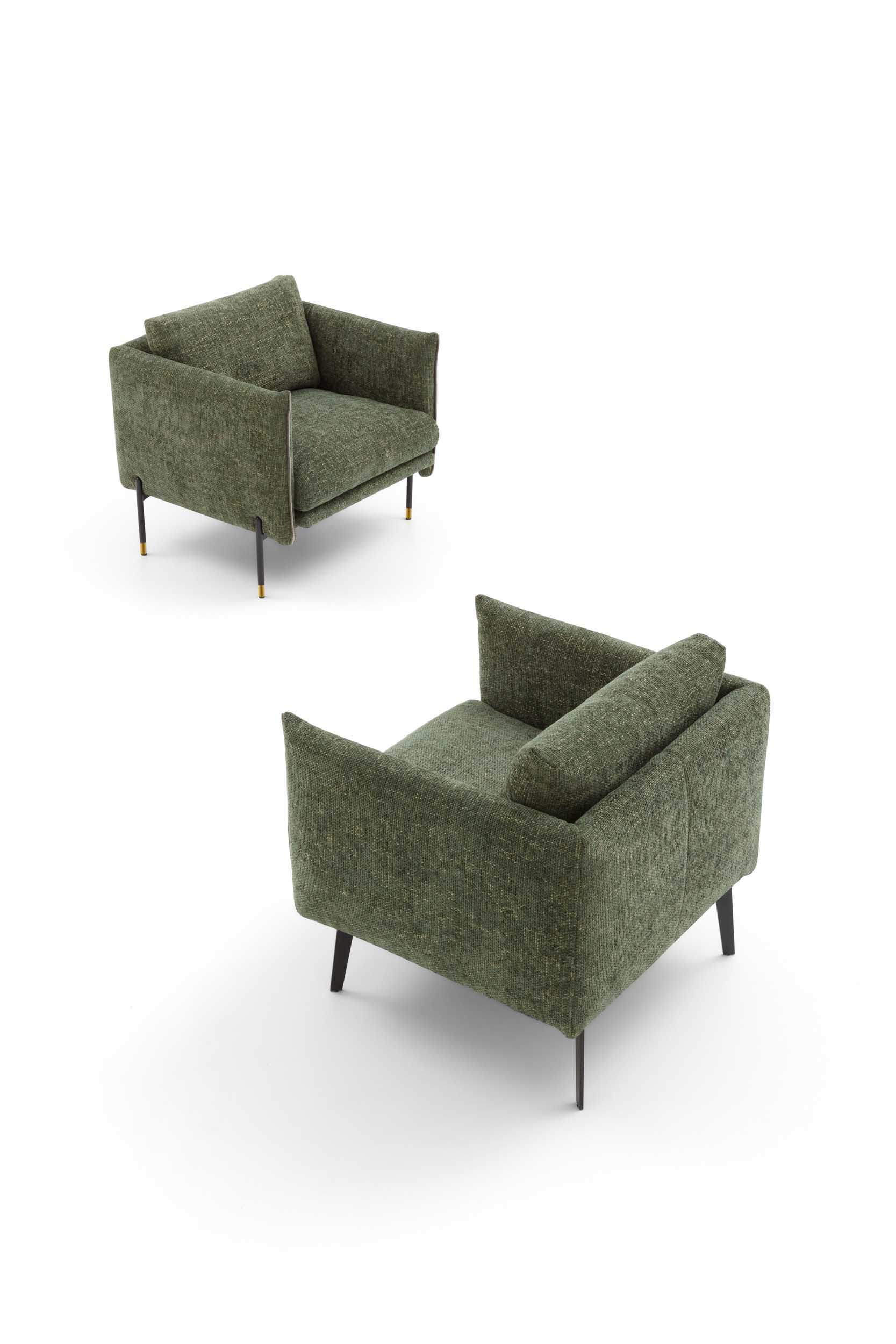 Poltroncina verde con piedini alti e cuscino imbottito