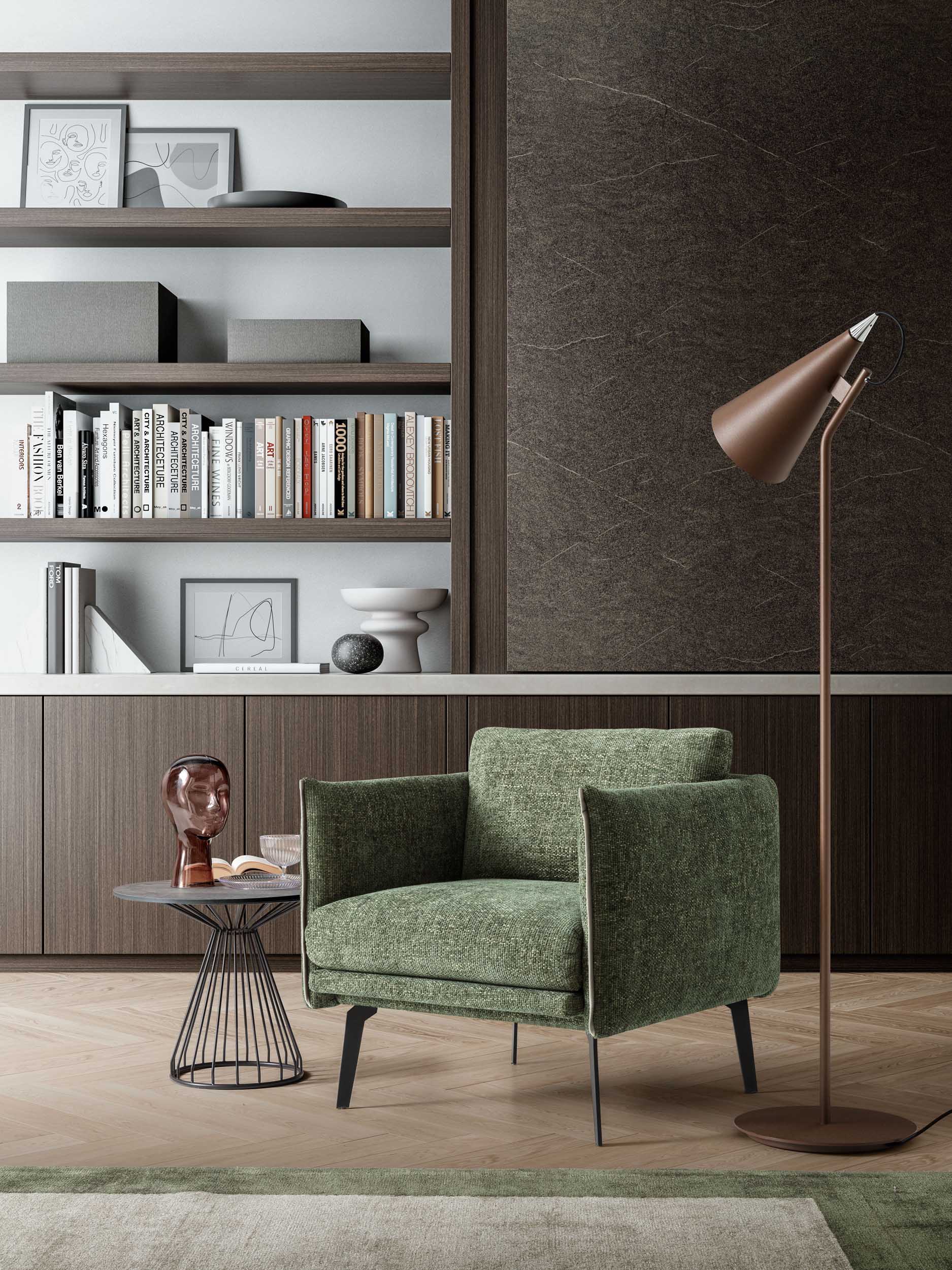 Poltroncina in tessuto con piedini in metallo verniciato e braccioli sottili