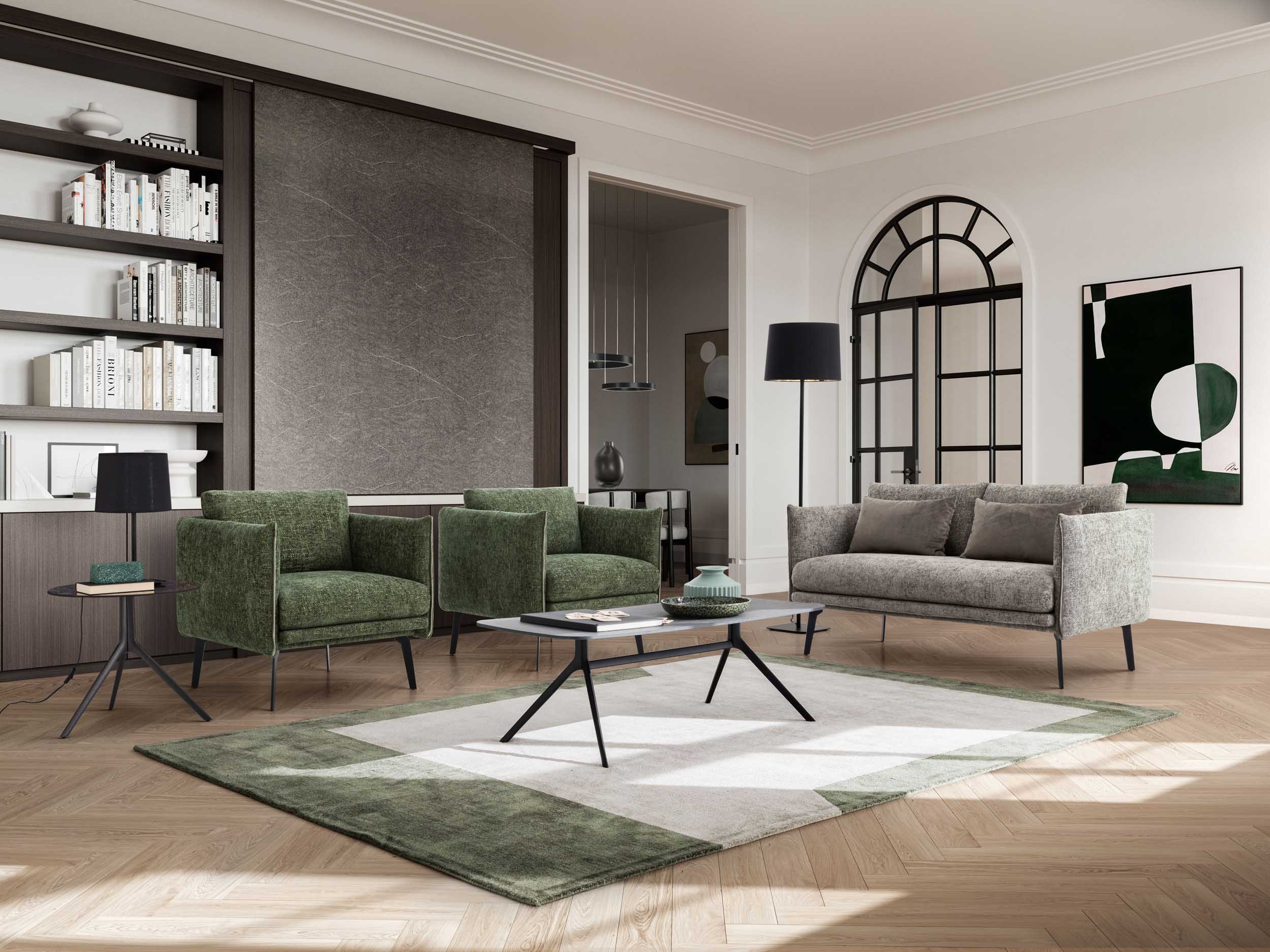 Soggiorno moderno con divanetto a due posti e poltroncine grigie Soggiorno moderno con divanetto a due posti e poltroncine grigie