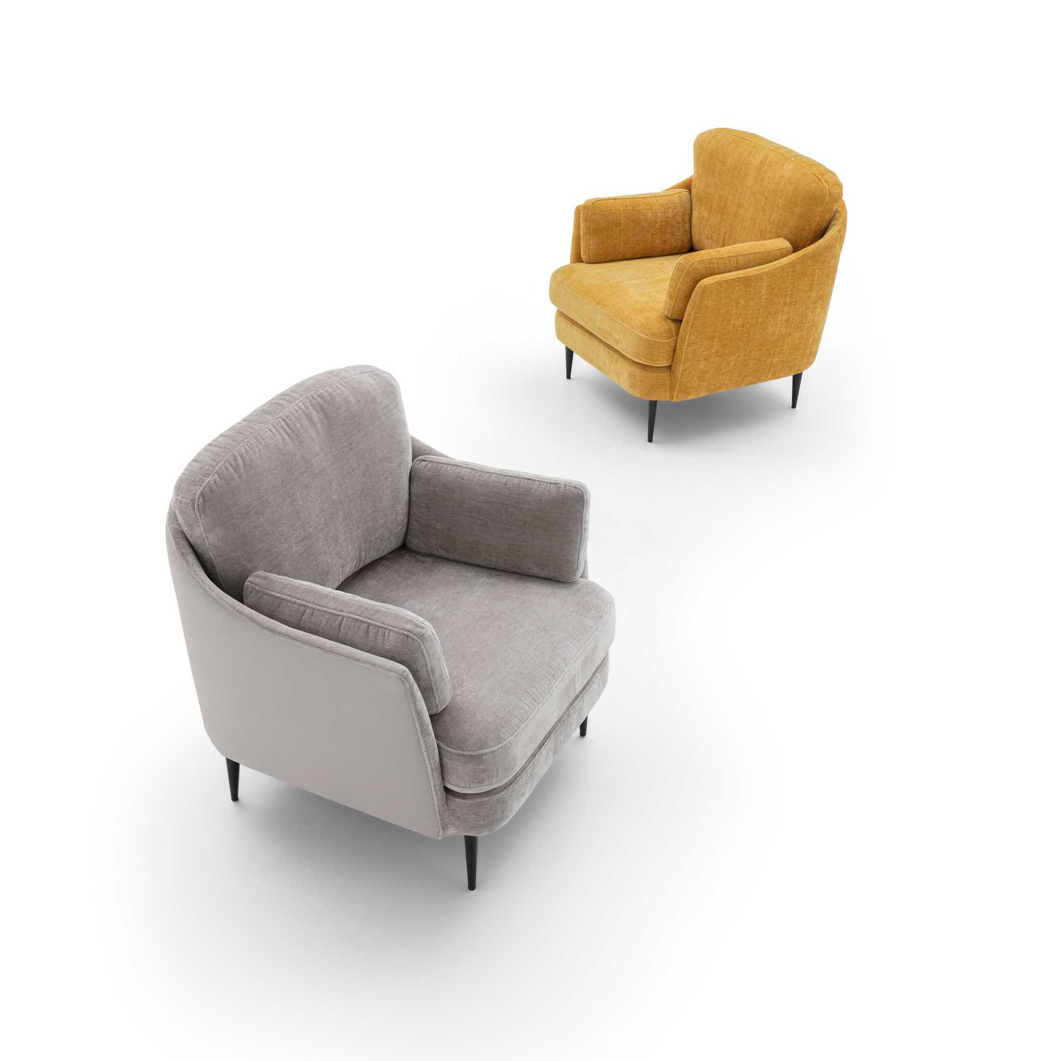 Poltroncina imbottita in due colorazioni: grigia e gialla