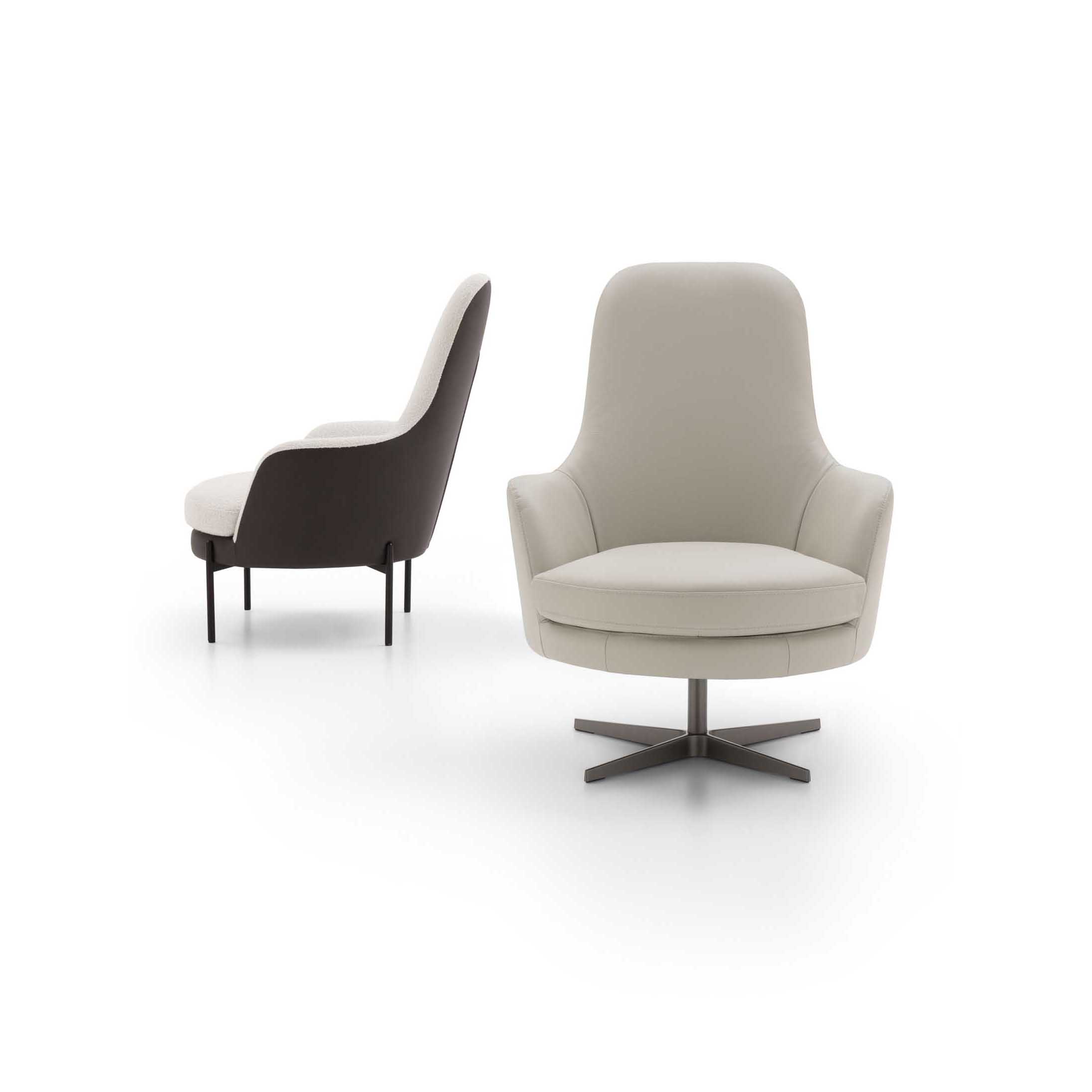 Poltroncina con schienale alto in due versioni: con struttura fissa o girevole