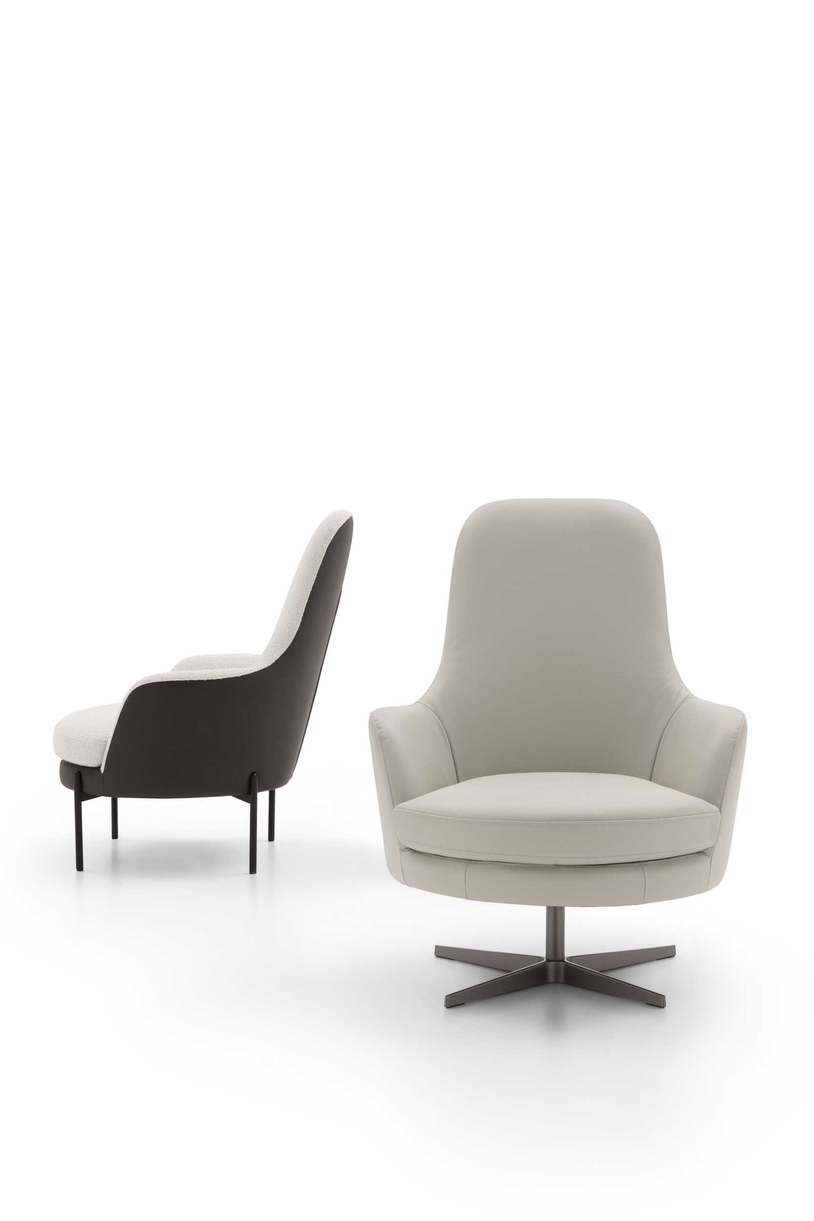 Poltroncina con schienale alto in due versioni: con struttura fissa o girevole