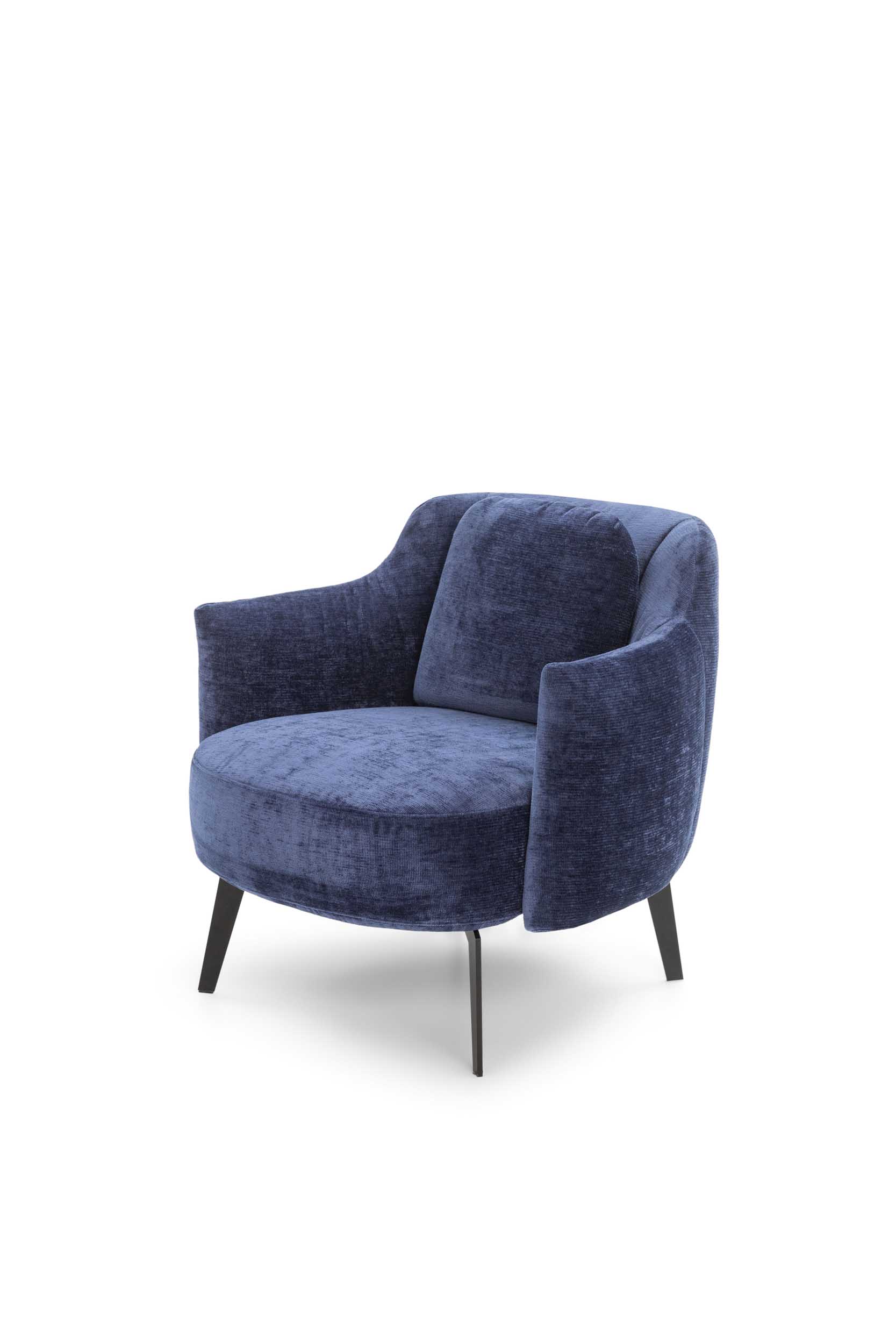 Poltroncina Shelley blu notte con struttura fissa. Design moderno con cuscino imbottito