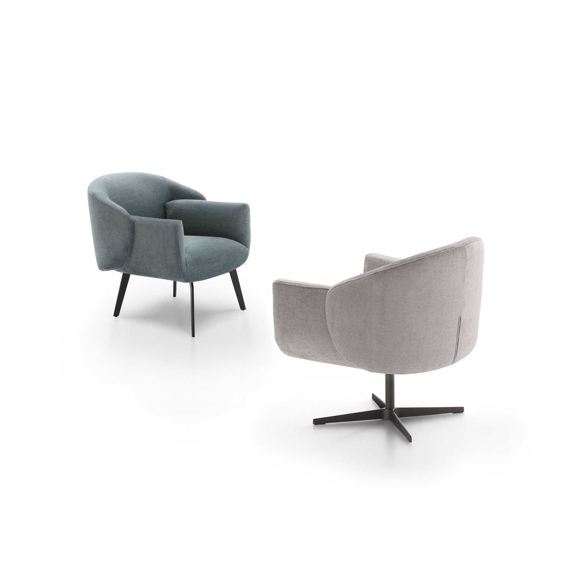 Poltroncina Wrap con struttura fissa o girevole in rivestimenti dai colori diversi