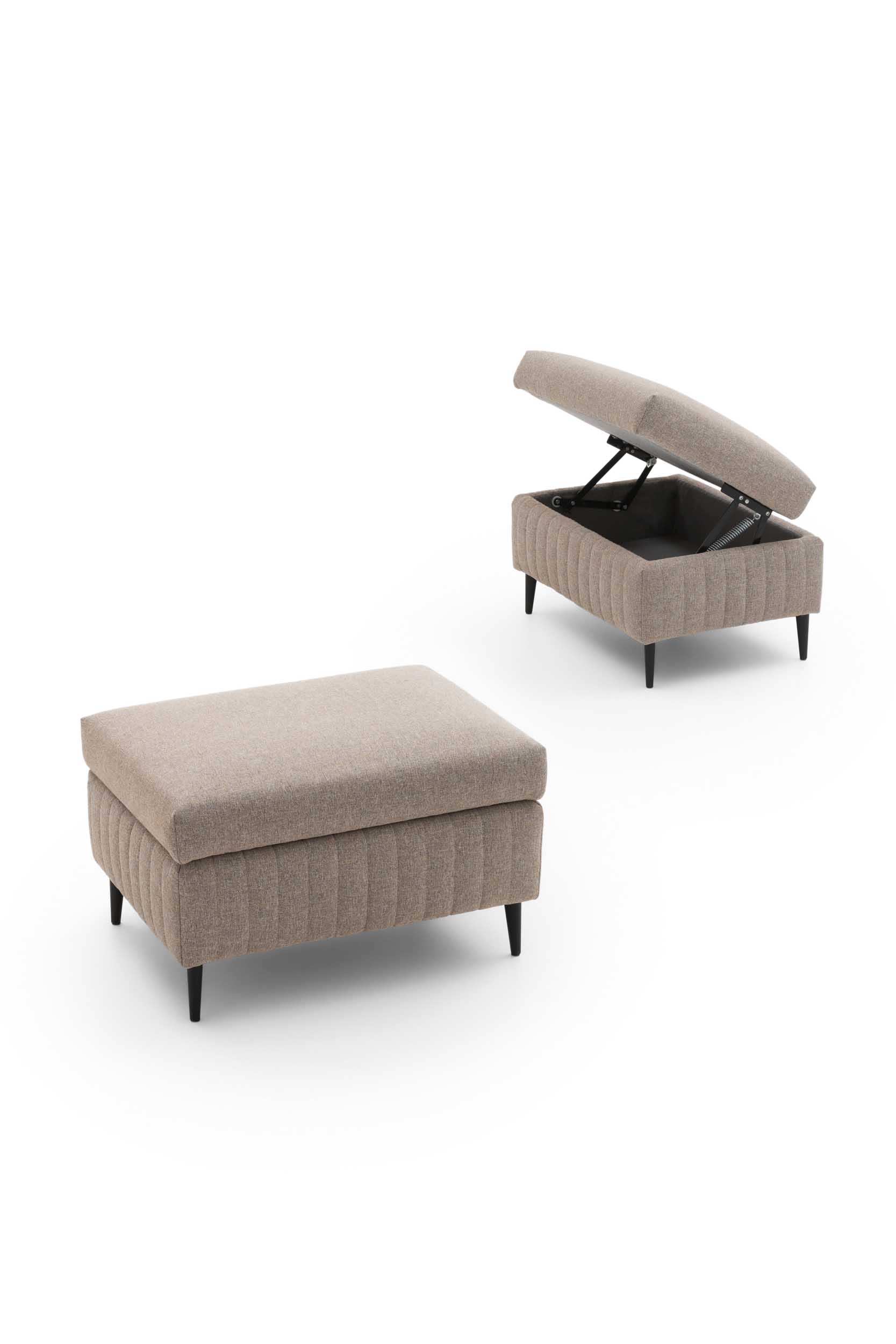Pouf rettangolare moderno con contenitore. Immagine da aperto e da chiuso